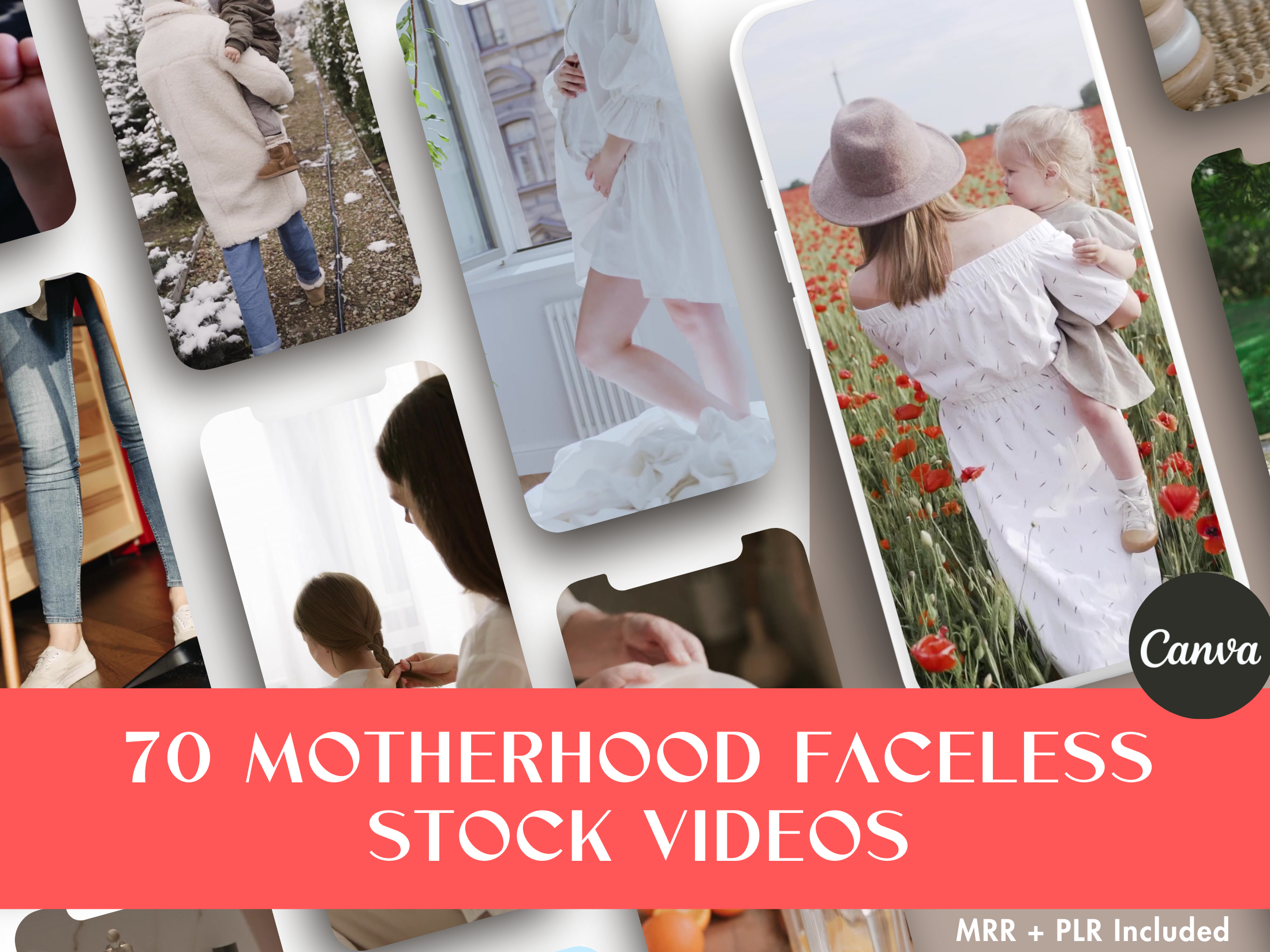 Cover image showcasing the 70 Motherhood Faceless Stock Videos, highlighting various moments of motherhood.