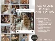 Feature overview of the 735 Stock Image Collection, listing included themes such as Forever Green, Vanilla, Out Of Office, Brushed Blue, and Golden Hour Boho Stock Images.