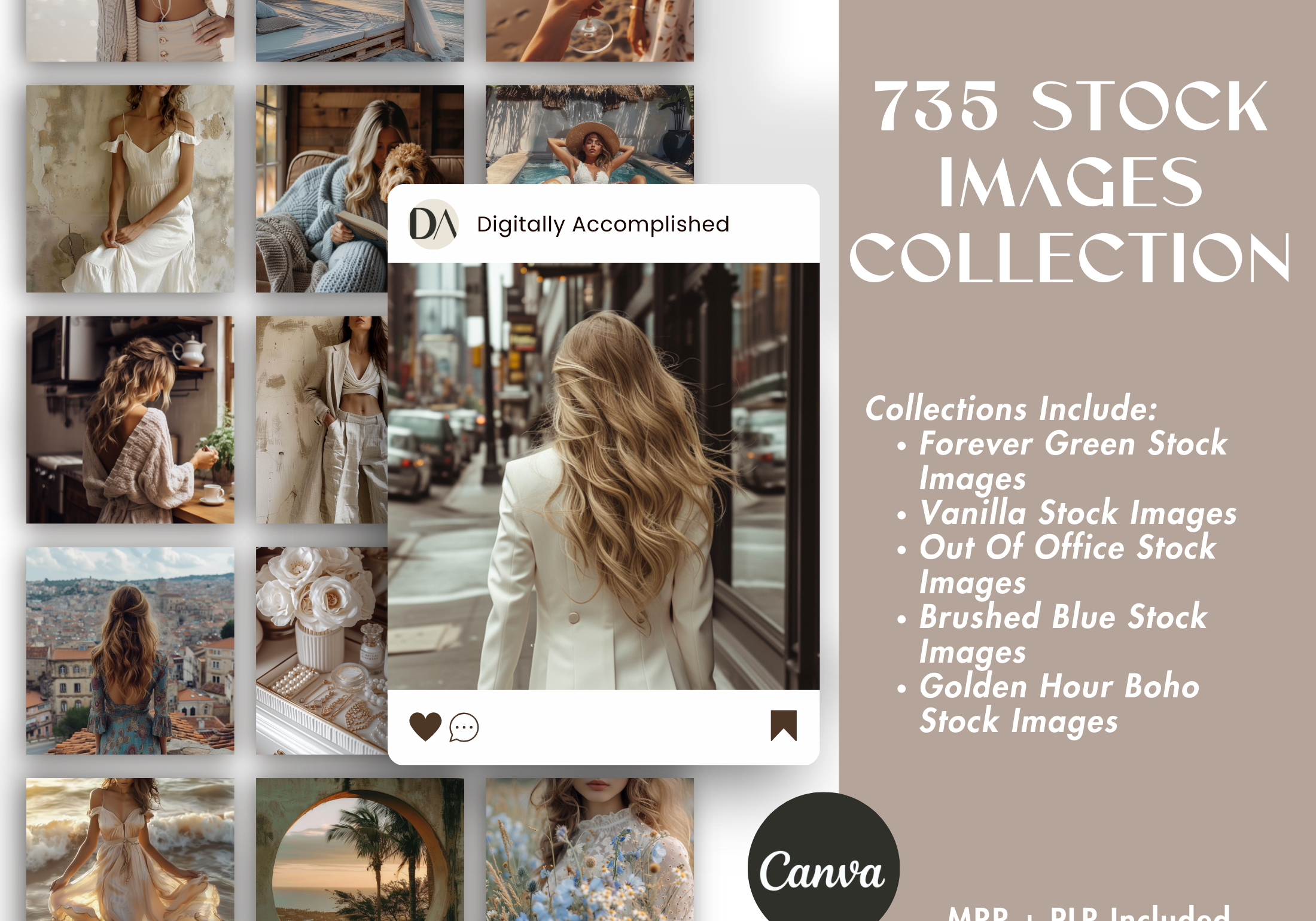 Feature overview of the 735 Stock Image Collection, listing included themes such as Forever Green, Vanilla, Out Of Office, Brushed Blue, and Golden Hour Boho Stock Images.