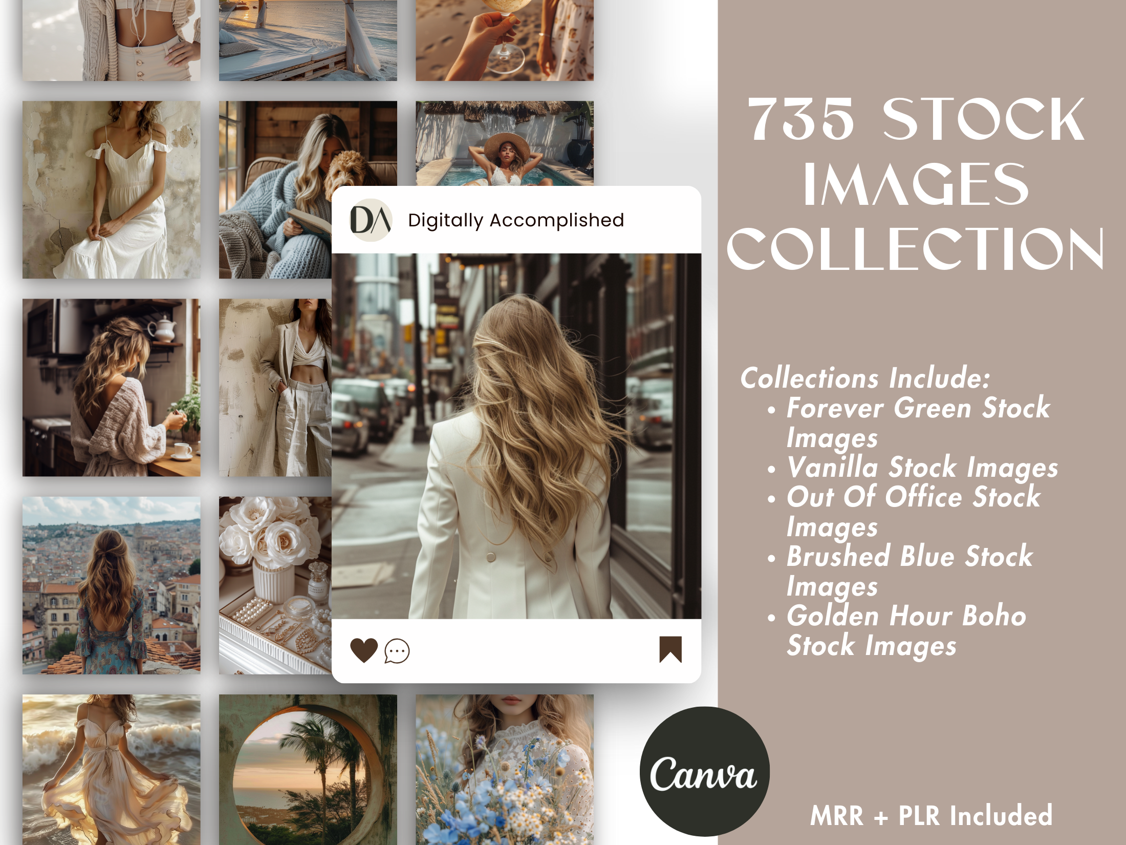 Feature overview of the 735 Stock Image Collection, listing included themes such as Forever Green, Vanilla, Out Of Office, Brushed Blue, and Golden Hour Boho Stock Images.