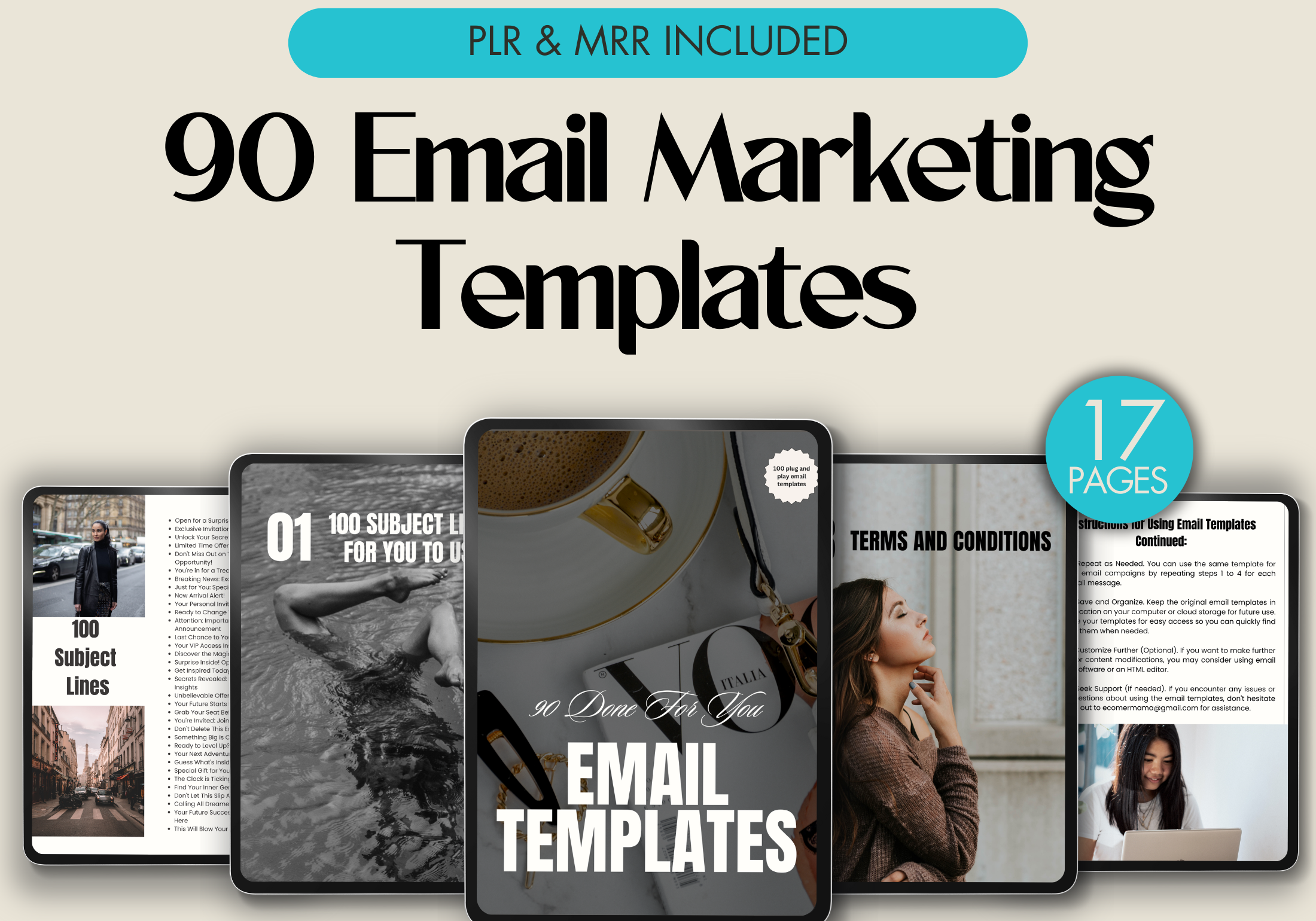 Cover image for the "90 Done For You Email Marketing Templates" showcasing the guide and subject lines included in the bundle.