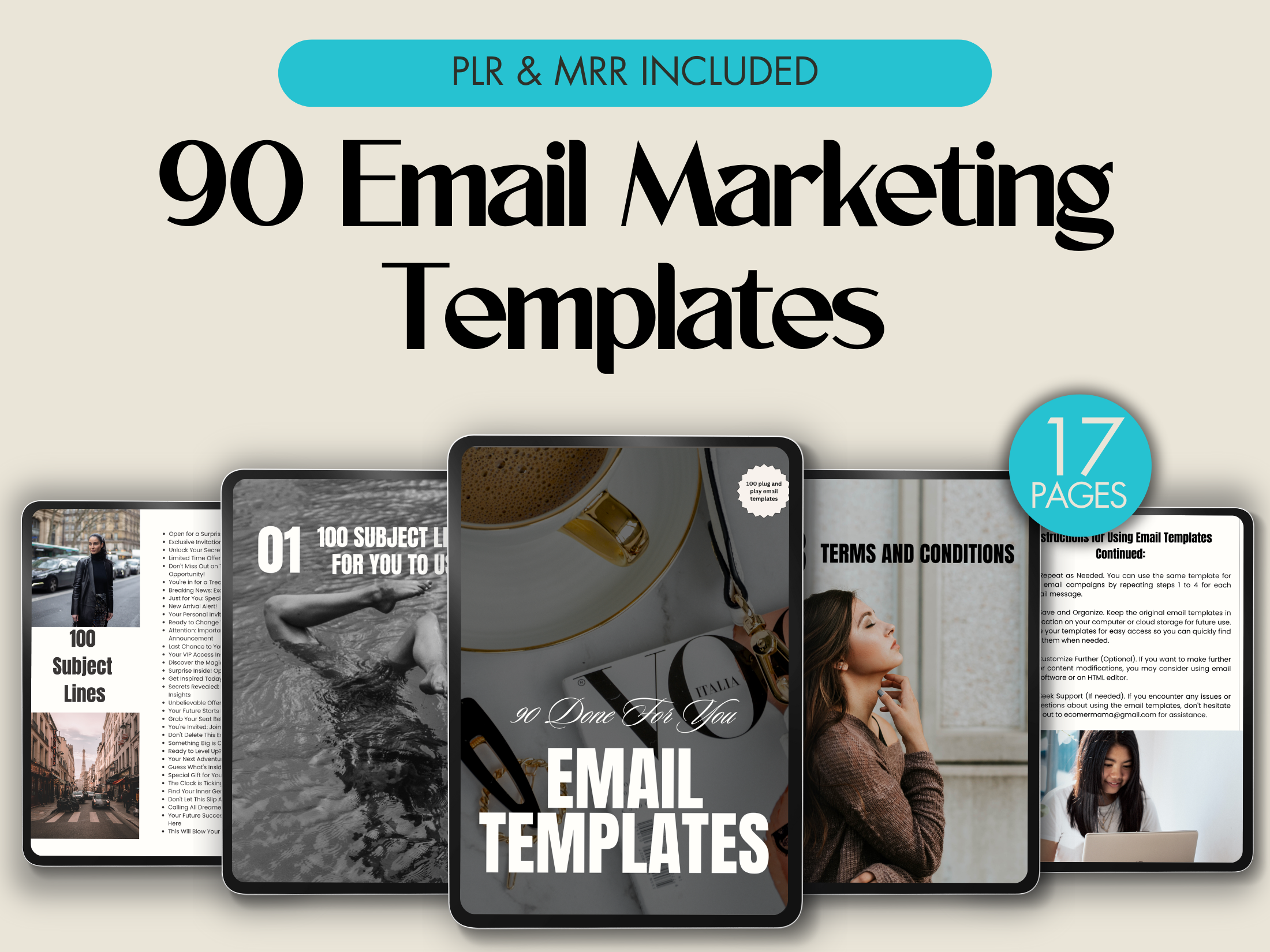 Cover image for the "90 Done For You Email Marketing Templates" showcasing the guide and subject lines included in the bundle.