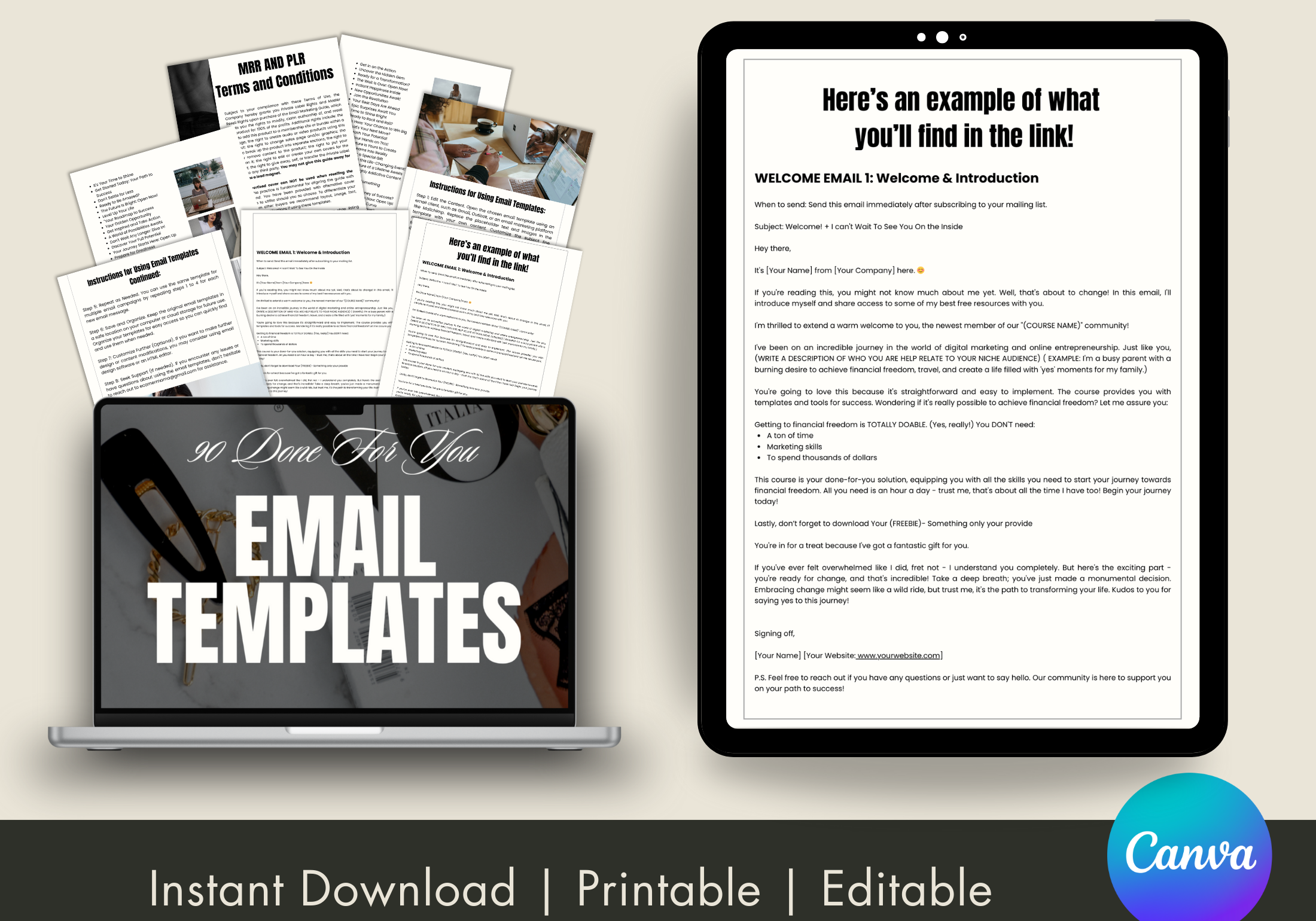 Preview image displaying an example of the email templates inside the "90 Email Marketing Templates" bundle, highlighting editable and printable options.