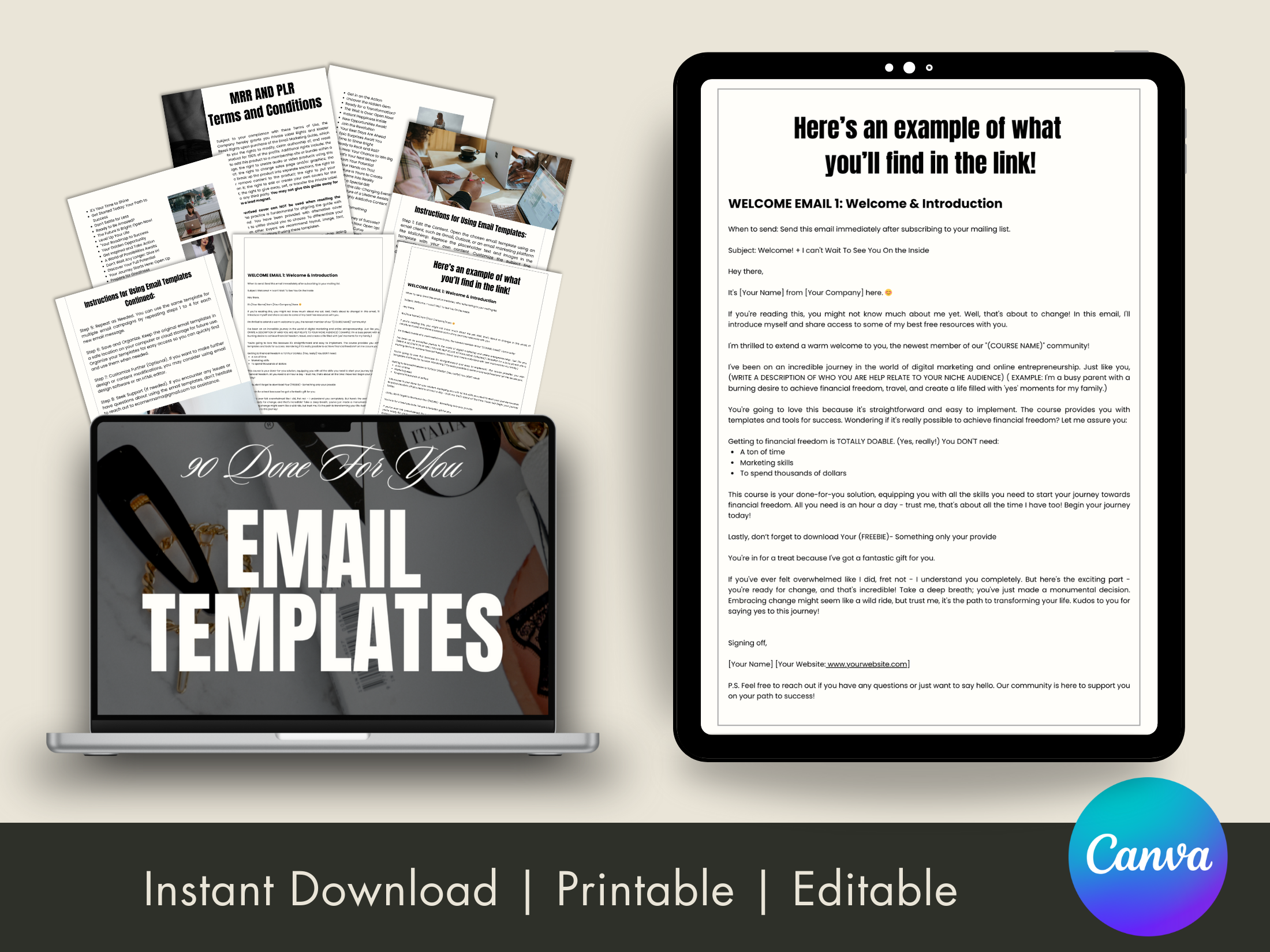 Preview image displaying an example of the email templates inside the "90 Email Marketing Templates" bundle, highlighting editable and printable options.