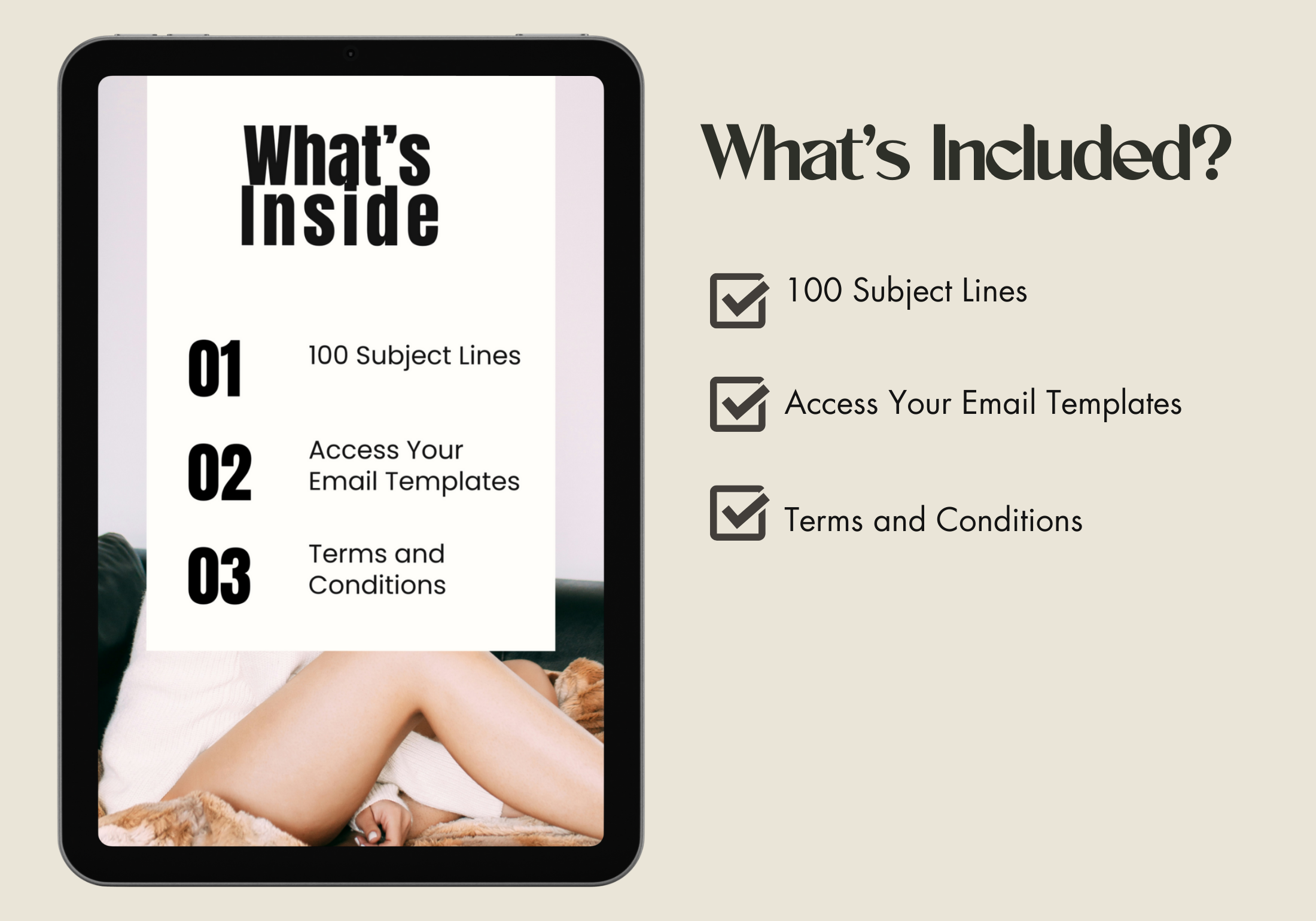 Image showing the table of contents for the "90 Done For You Email Marketing Templates," including 100 subject lines and terms and conditions.