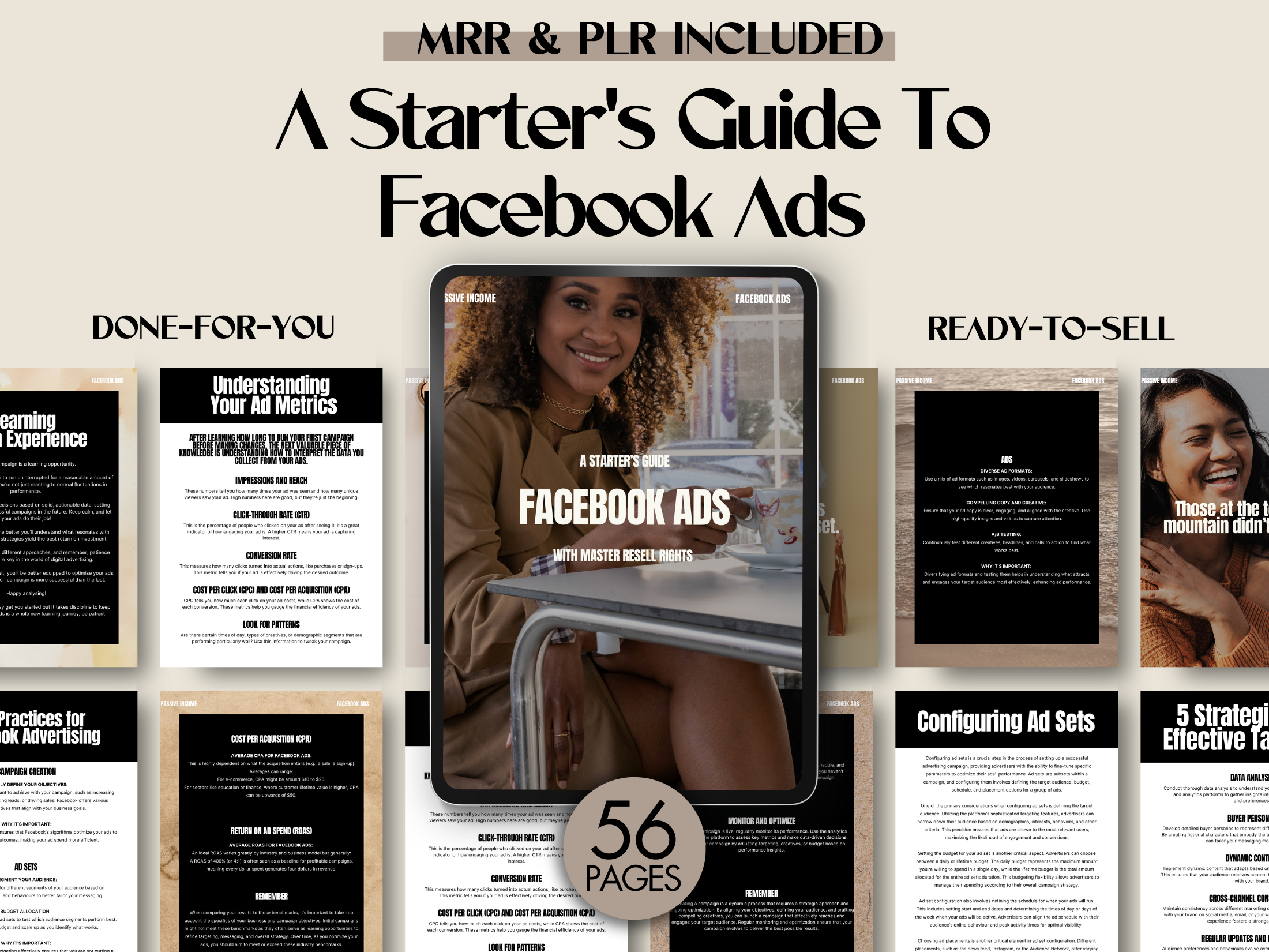 A visually appealing cover image showcasing the product "A Starter's Guide To Facebook Ads" with a clean, modern design and an emphasis on the comprehensive guide provided within the 56-page eBook.