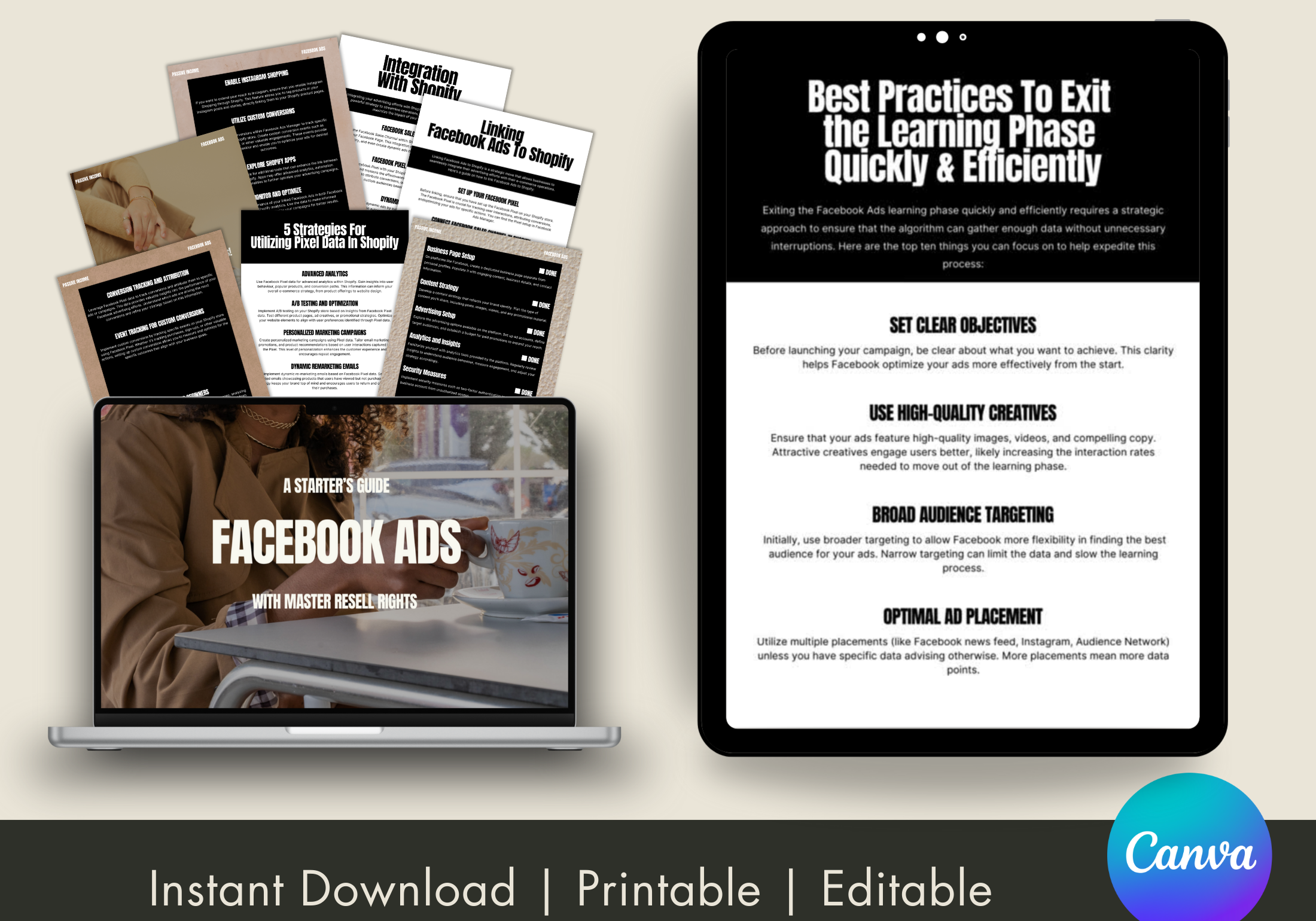 A professional mockup showing "A Starter's Guide To Facebook Ads" displayed on both a laptop and tablet, highlighting the guide's accessibility on various devices and its practical tips for effective Facebook ad management.