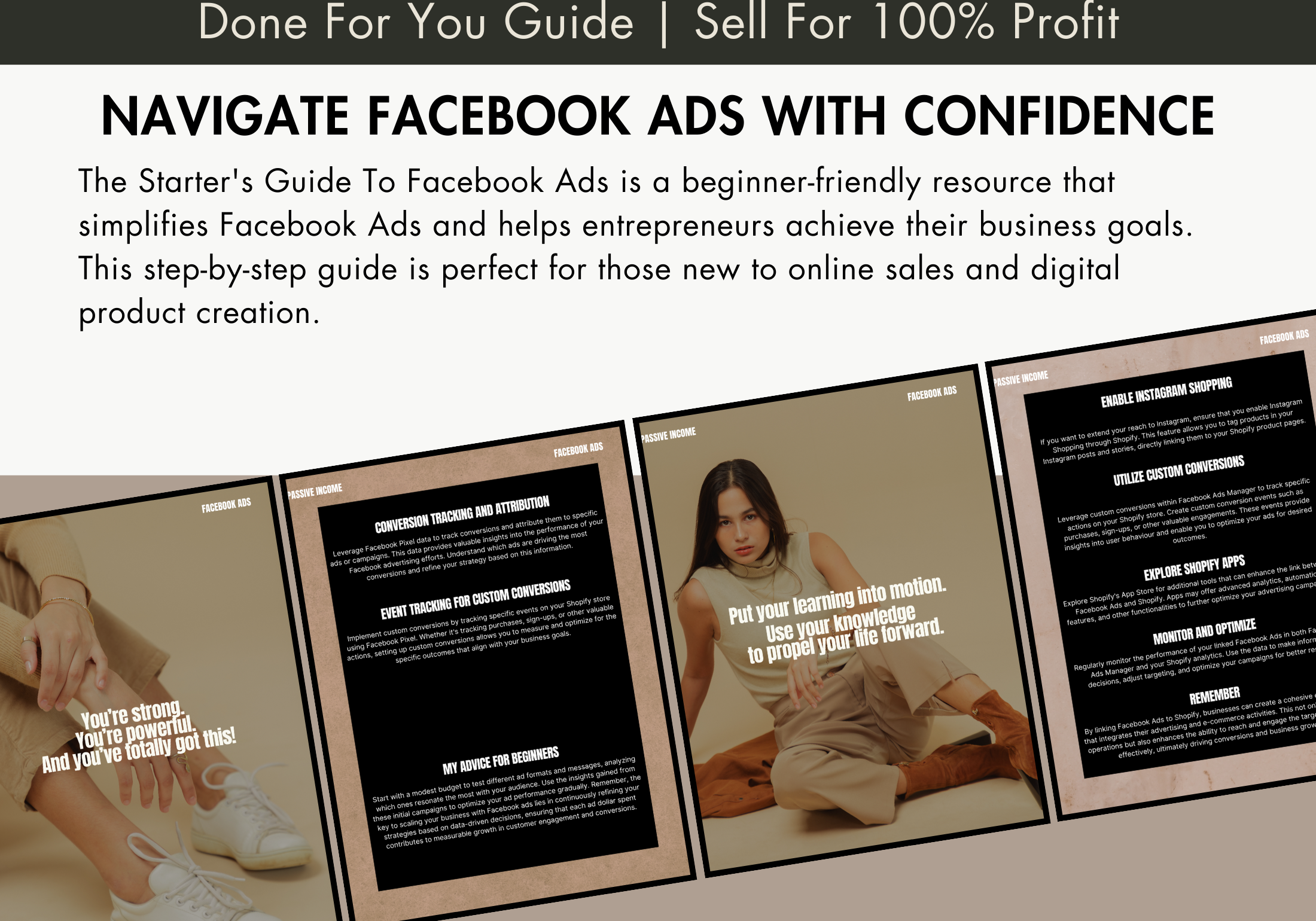 An image promoting the ease of navigating Facebook Ads with "A Starter's Guide To Facebook Ads," emphasizing that the guide is a done-for-you resource perfect for selling and achieving business goals.