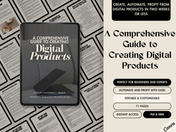 A cover mockup titled "A Comprehensive Guide to Creating Digital Products" displayed on a tablet. The background shows a minimal grey sofa and laptop. The text highlights this product as editable, customizable, with PLR & MRR, and 71 pages for beginners and experts.