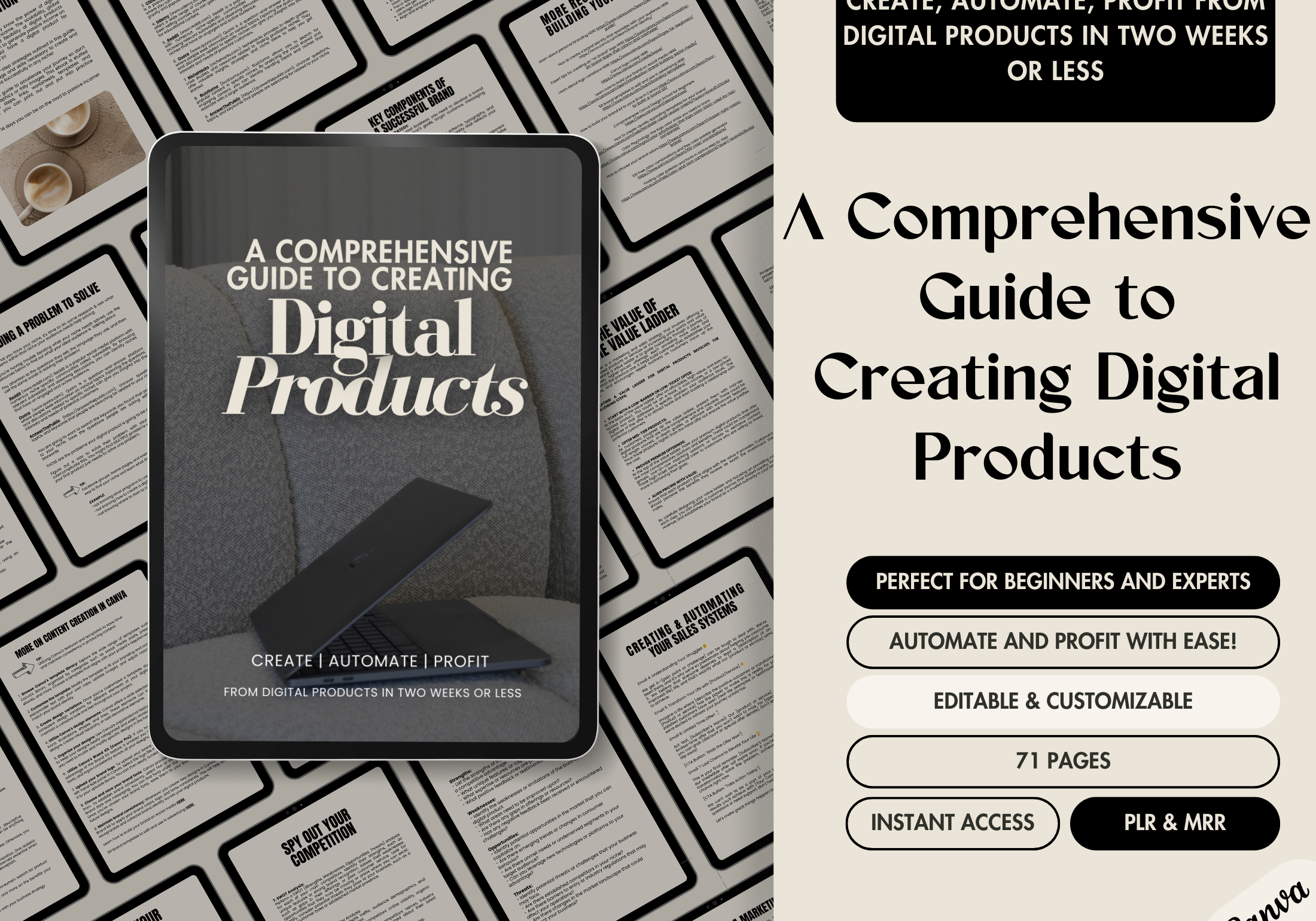 A cover mockup titled "A Comprehensive Guide to Creating Digital Products" displayed on a tablet. The background shows a minimal grey sofa and laptop. The text highlights this product as editable, customizable, with PLR & MRR, and 71 pages for beginners and experts.