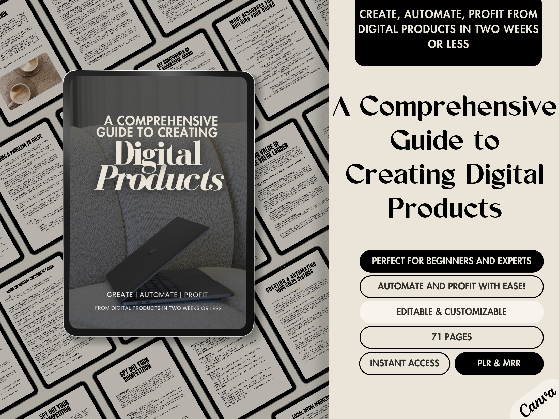 A cover mockup titled "A Comprehensive Guide to Creating Digital Products" displayed on a tablet. The background shows a minimal grey sofa and laptop. The text highlights this product as editable, customizable, with PLR & MRR, and 71 pages for beginners and experts.