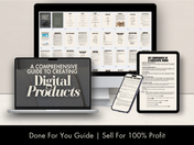 A multi-device mockup showing the guide displayed on a laptop, tablet, and phone. The tablet showcases detailed content with the title "A Comprehensive Guide to Creating Digital Products," emphasizing its PLR & MRR inclusion.