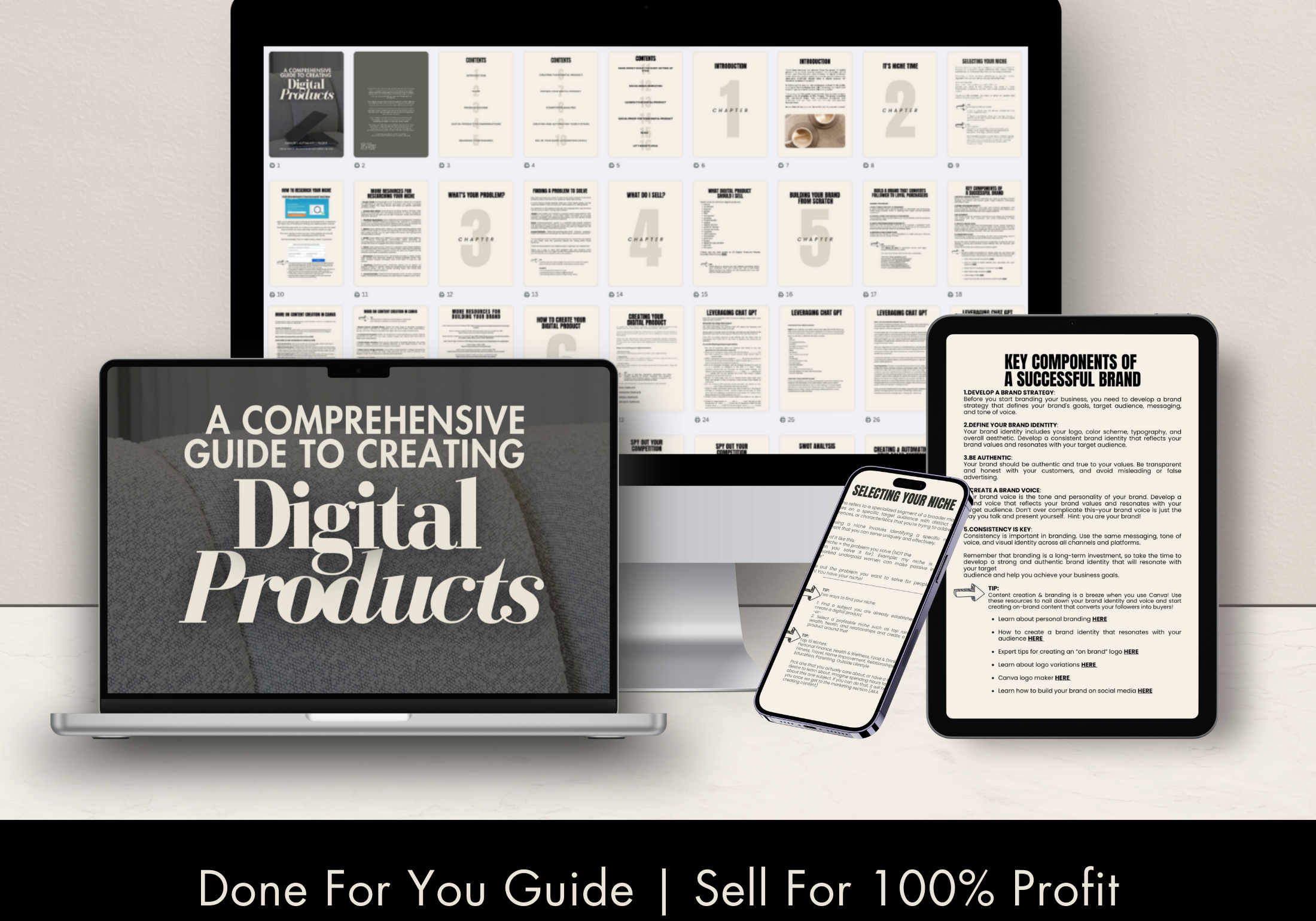 A multi-device mockup showing the guide displayed on a laptop, tablet, and phone. The tablet showcases detailed content with the title "A Comprehensive Guide to Creating Digital Products," emphasizing its PLR & MRR inclusion.