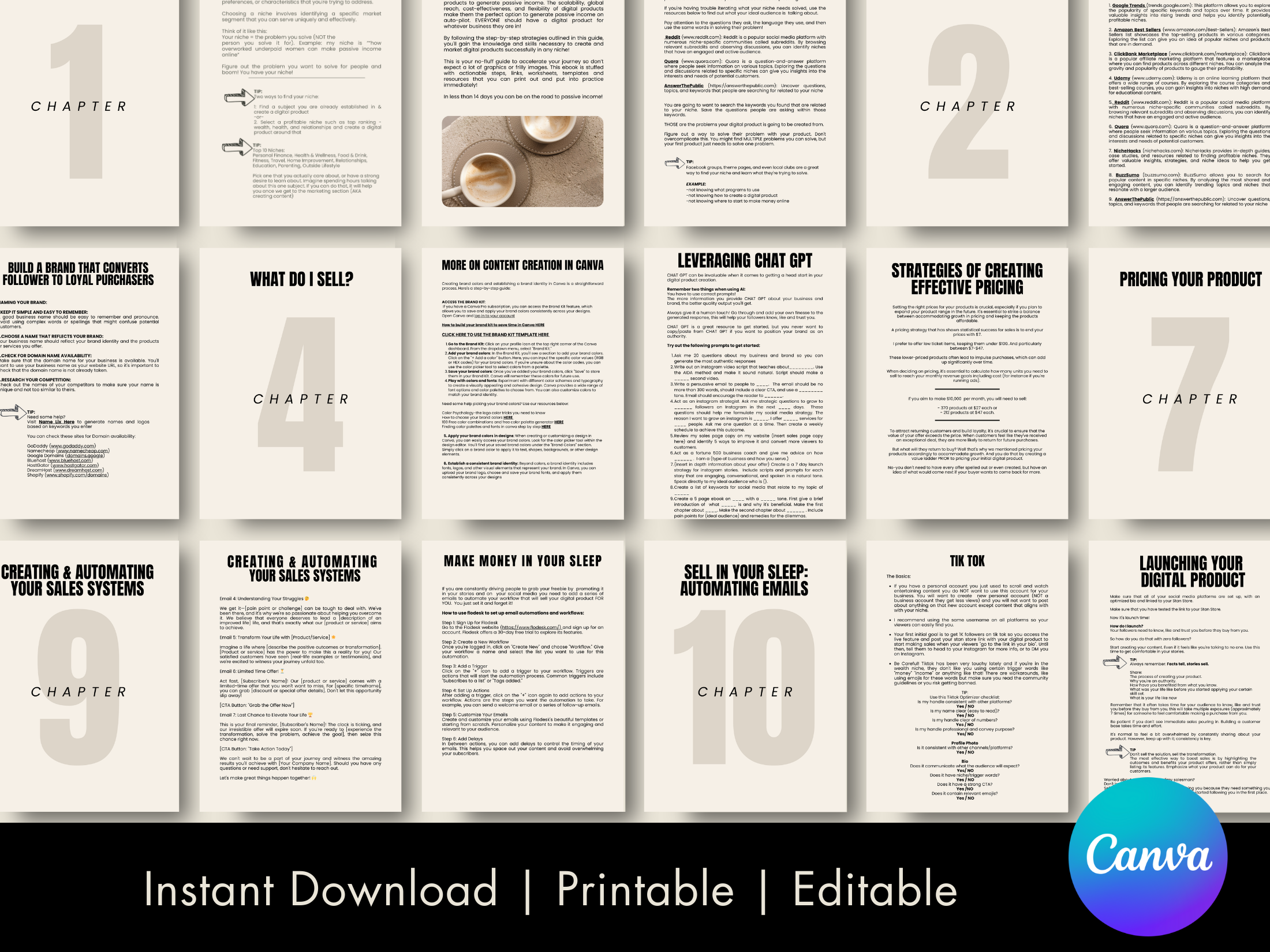 A layout of the guide's interior pages, showcasing structured chapters such as "What Do I Sell?" and "Creating & Automating Your Sales Systems." Each page has a clean, professional design with readable text and neutral backgrounds.