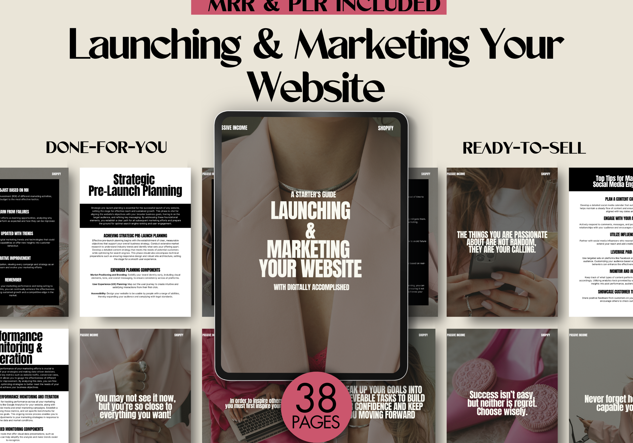 A digital mockup showcasing the cover of 'A Starter's Guide To Launching & Marketing Your Website' with a modern, professional design featuring a woman holding a smartphone and strategic pre-launch planning sheets in the background.