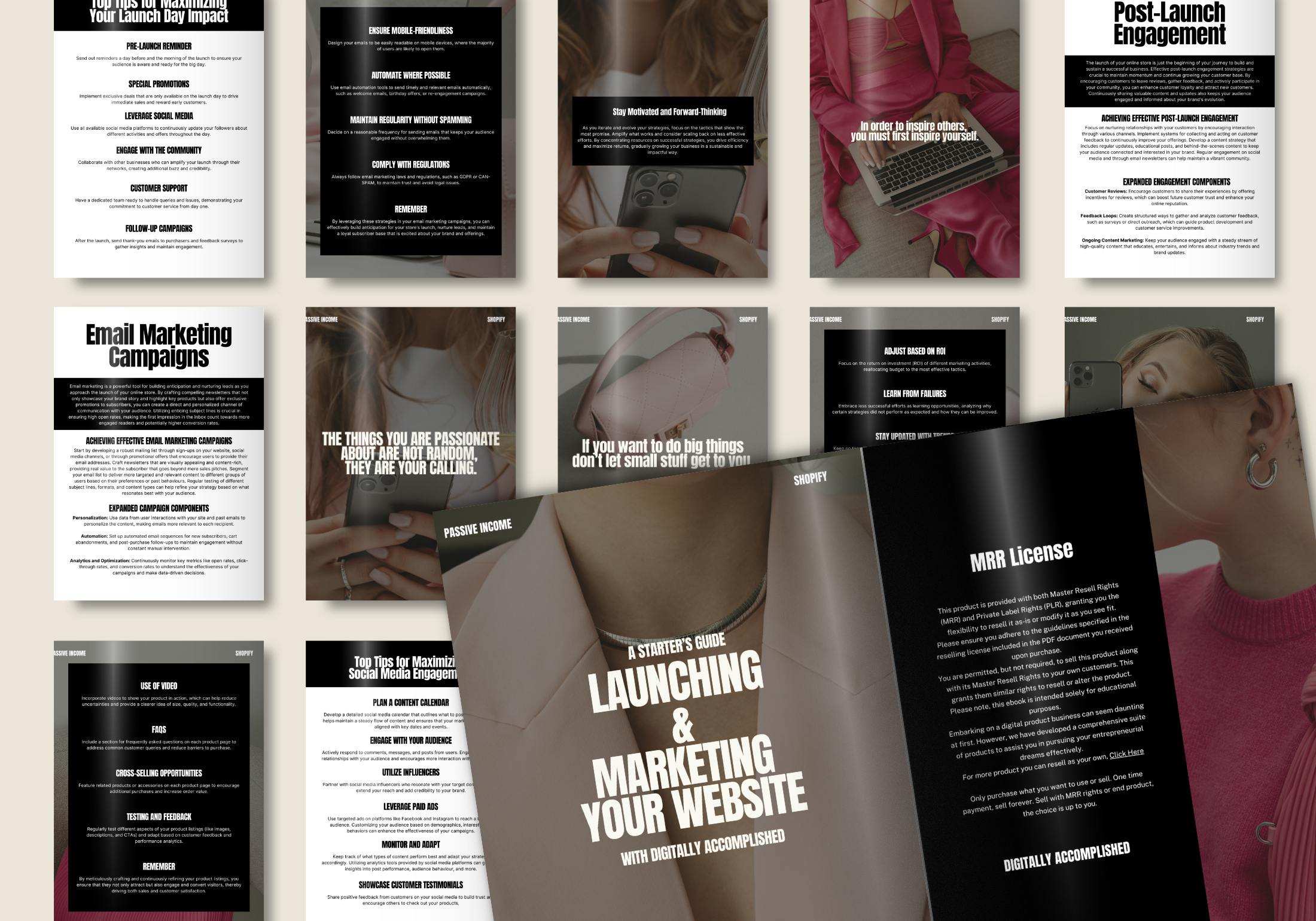 A comprehensive layout of various pages from 'A Starter's Guide To Launching & Marketing Your Website,' displaying strategic pre-launch planning, email marketing, social media engagement, and post-launch strategies.