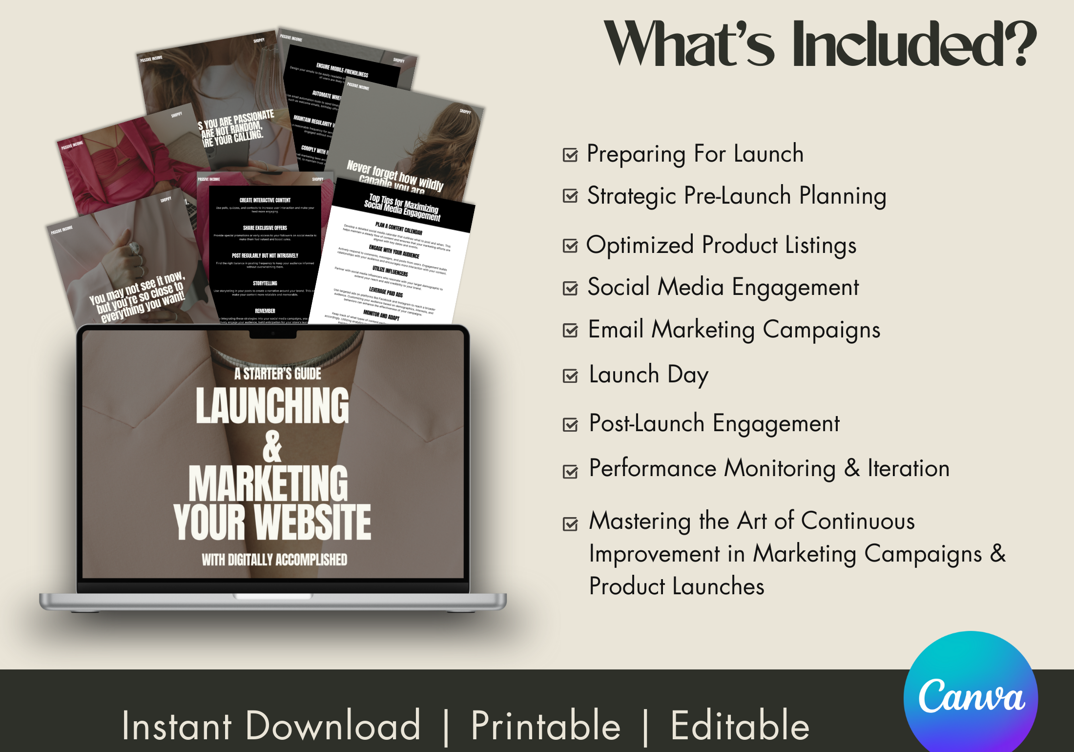 A graphic listing the key components included in 'A Starter's Guide To Launching & Marketing Your Website,' such as preparing for launch, optimized product listings, and social media engagement, with a mockup of the guide on a laptop