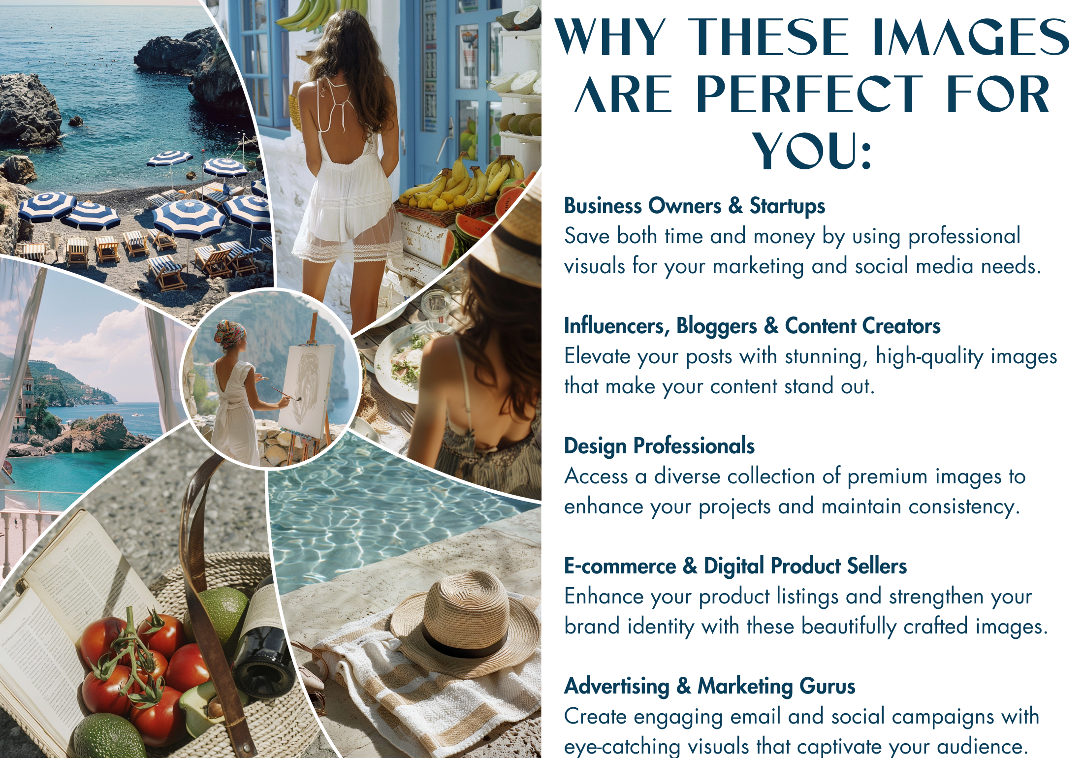 A collection of lifestyle images focusing on why these images are perfect for businesses, influencers, and content creators, with scenes of seaside settings and elegant leisure activities.