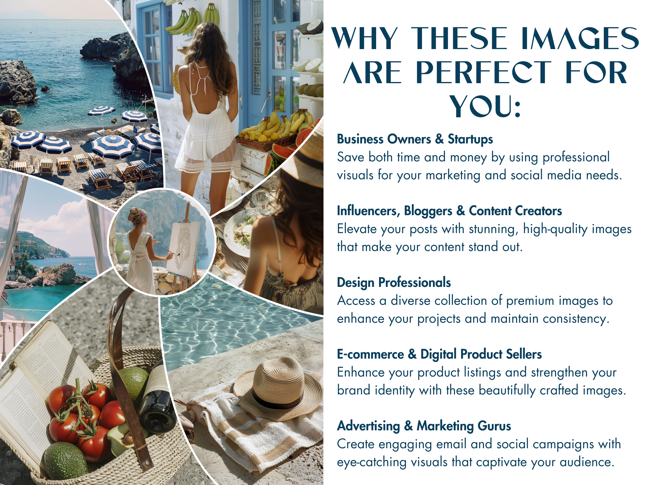 A collection of lifestyle images focusing on why these images are perfect for businesses, influencers, and content creators, with scenes of seaside settings and elegant leisure activities.