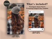 What's included in the Autumn Orchard AI Stock Images pack: 78 Instagram square posts and matching story templates with fall-themed designs.