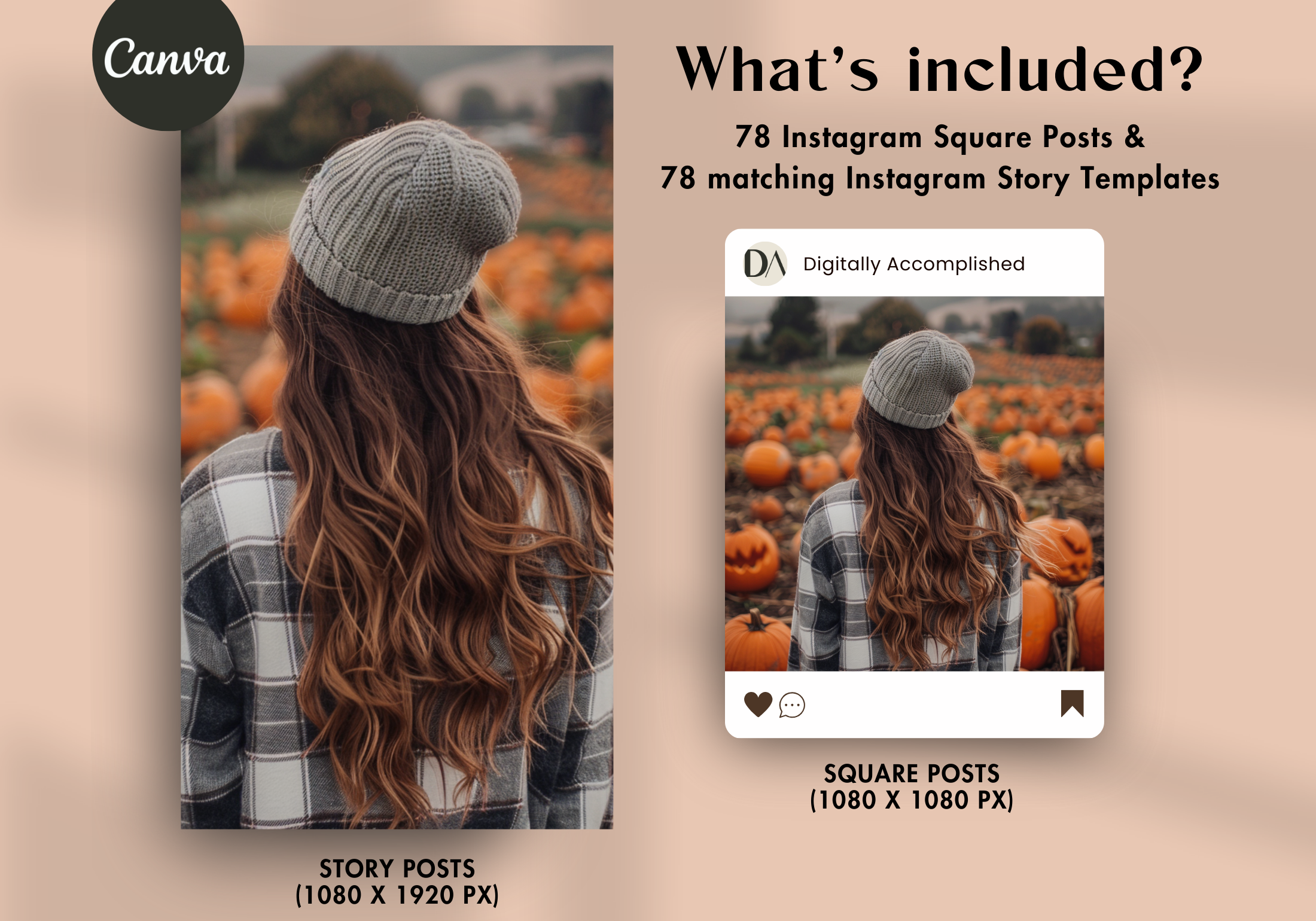 What's included in the Autumn Orchard AI Stock Images pack: 78 Instagram square posts and matching story templates with fall-themed designs.