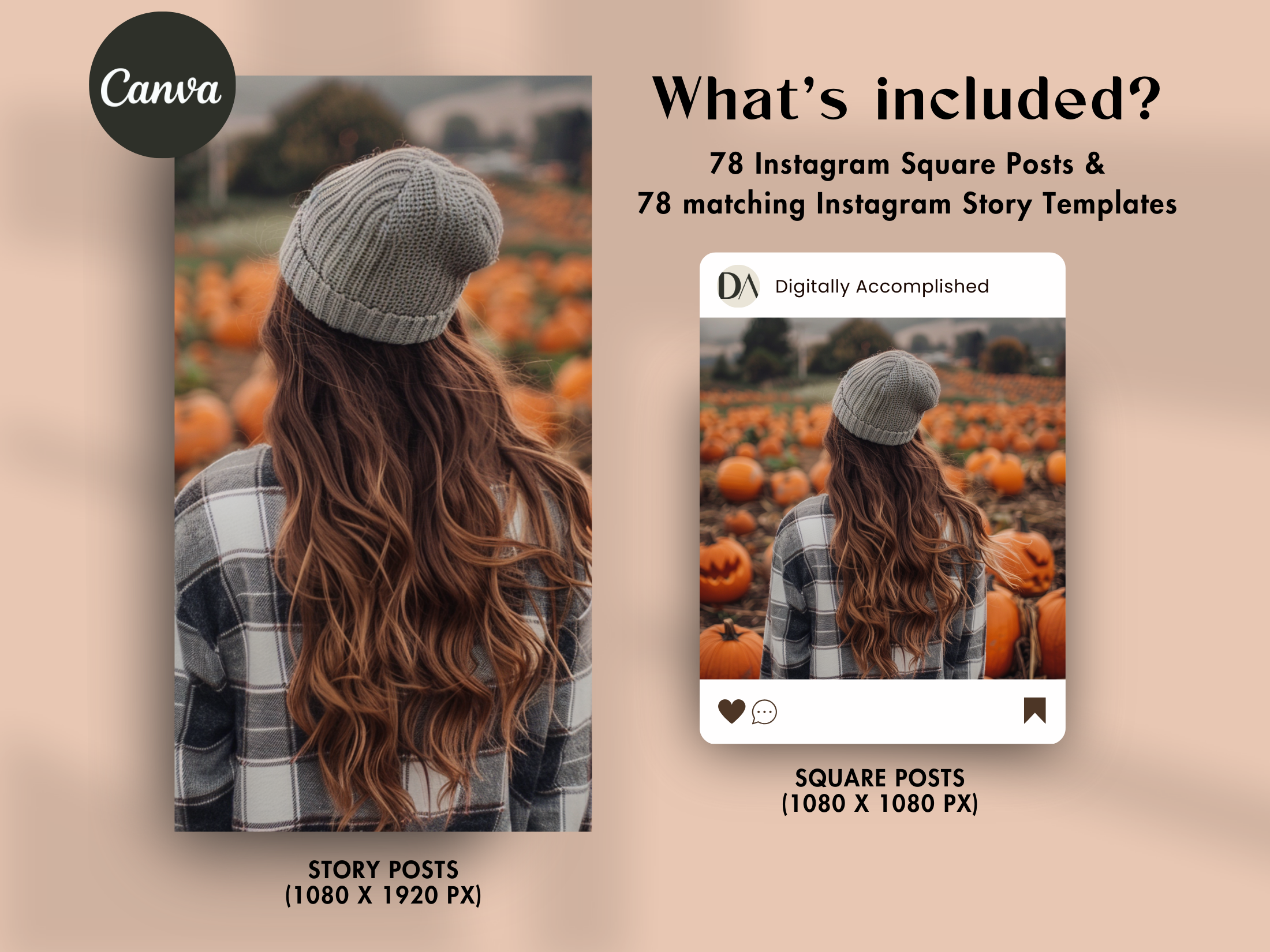 What's included in the Autumn Orchard AI Stock Images pack: 78 Instagram square posts and matching story templates with fall-themed designs.