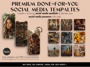 Premium done-for-you social media templates with an autumn aesthetic, featuring pumpkins, fall leaves, and cozy seasonal vibes