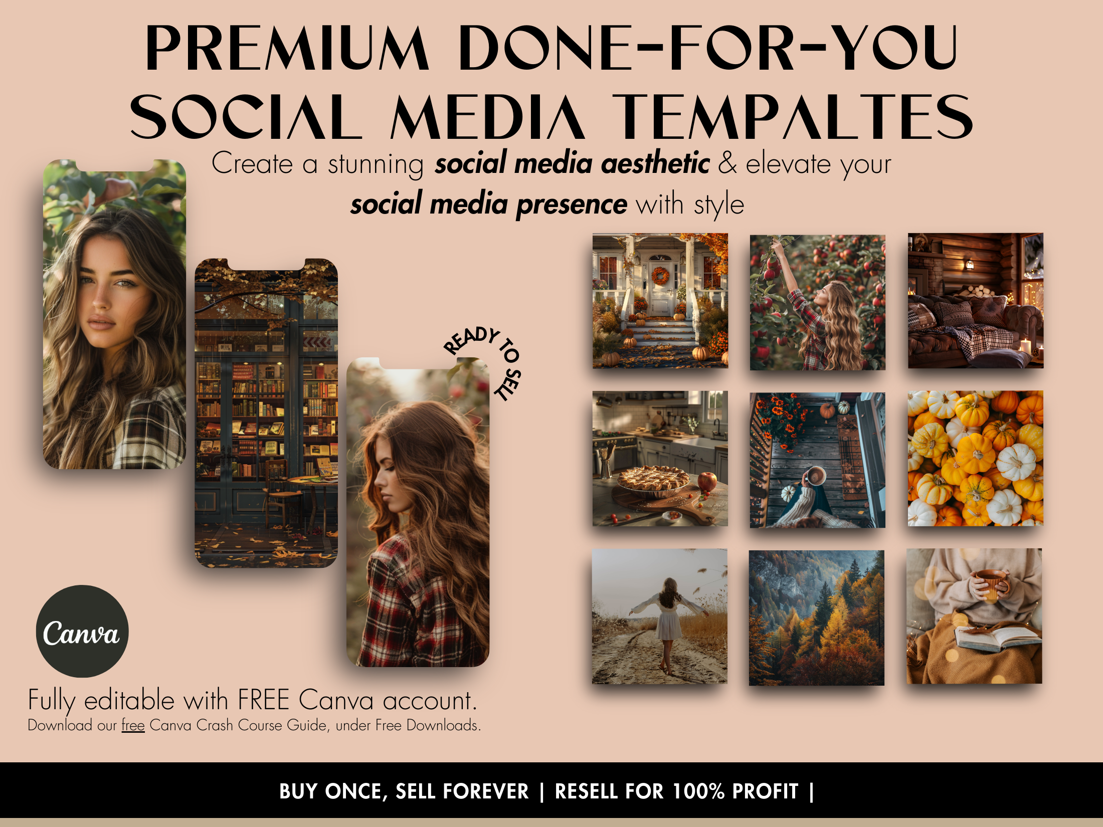 Premium done-for-you social media templates with an autumn aesthetic, featuring pumpkins, fall leaves, and cozy seasonal vibes