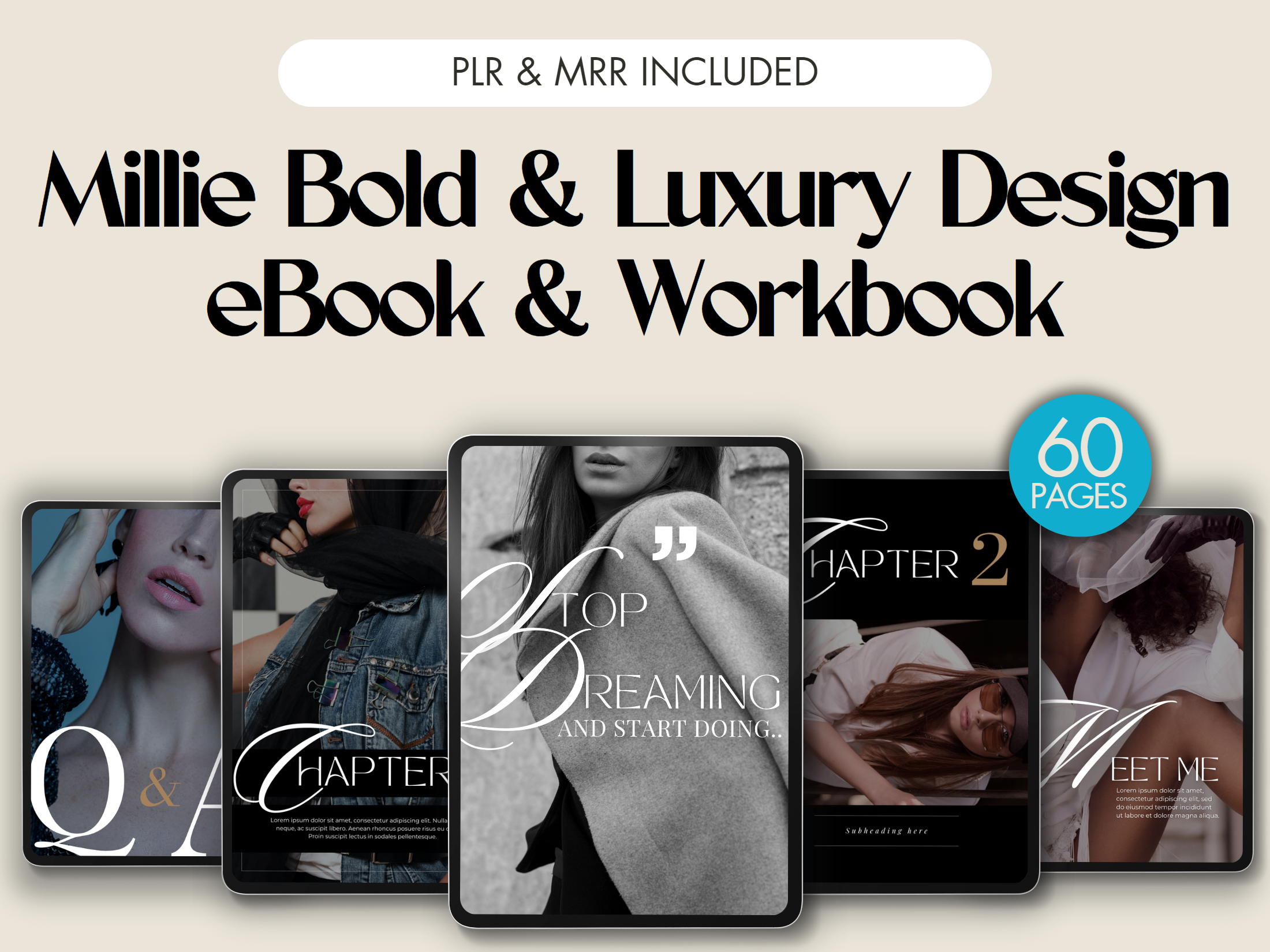 Millie Bold & Luxury Design eBook & Workbook cover with PLR & MRR included.