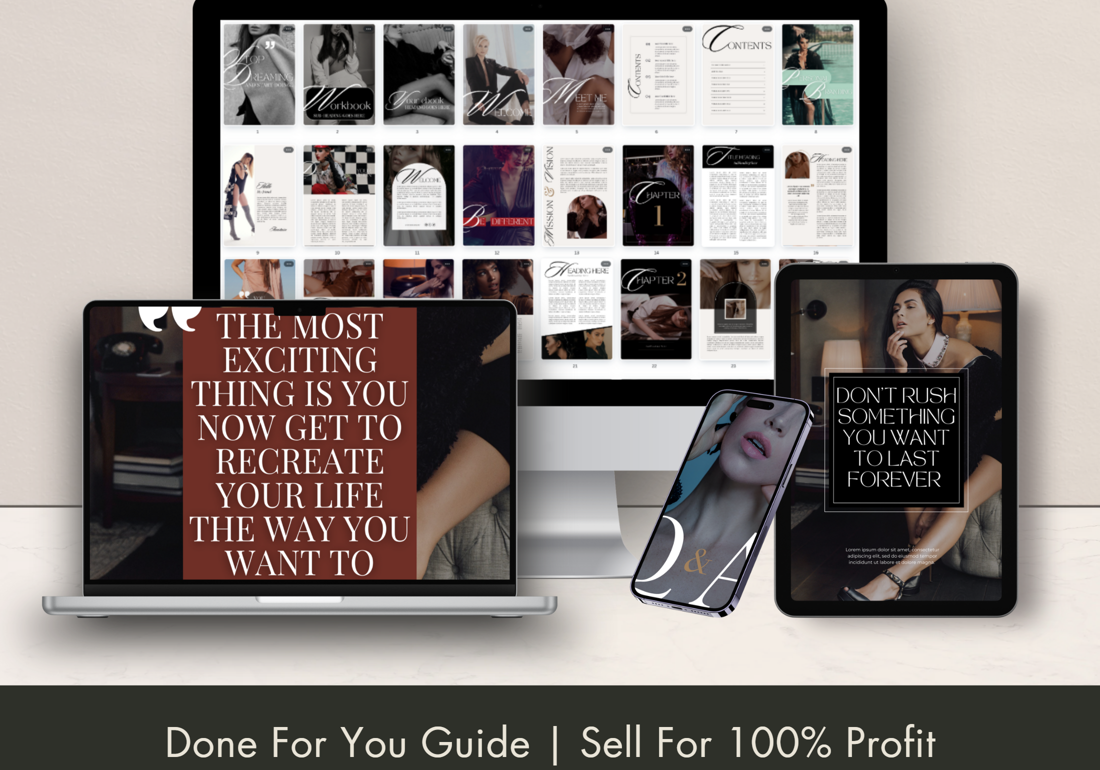 Millie Bold & Luxury Design eBook & Workbook displayed on laptop, tablet, and smartphone screens.