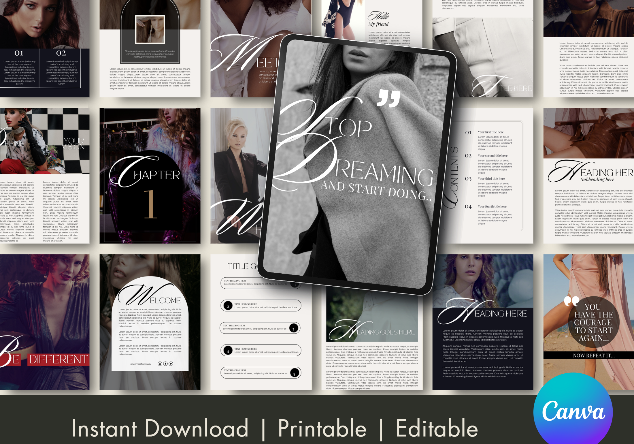 Preview of the Millie Bold & Luxury Design eBook & Workbook pages showing design layouts and content examples.