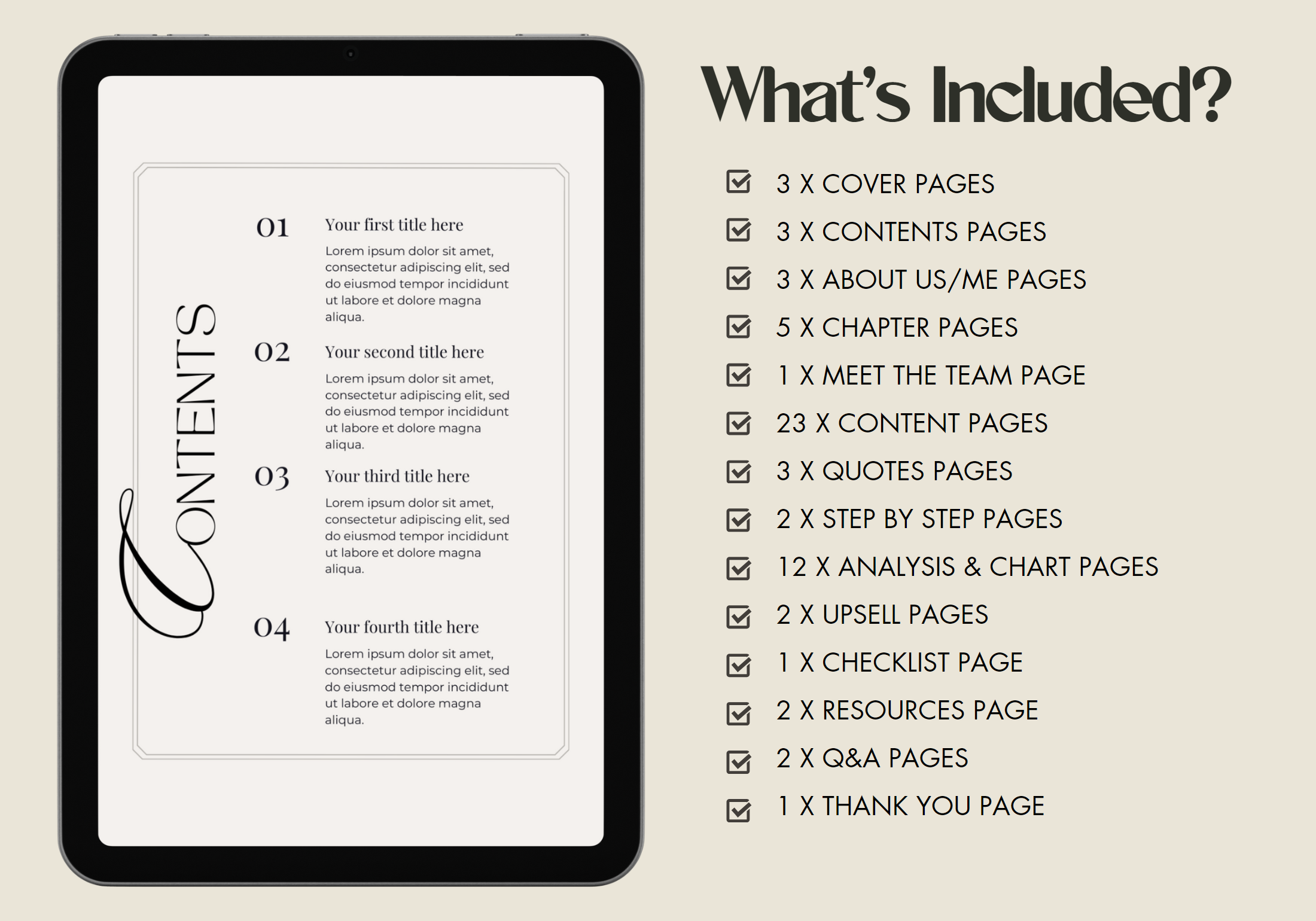 What’s included page for the Millie Bold & Luxury Design eBook & Workbook, detailing the various sections and types of content.