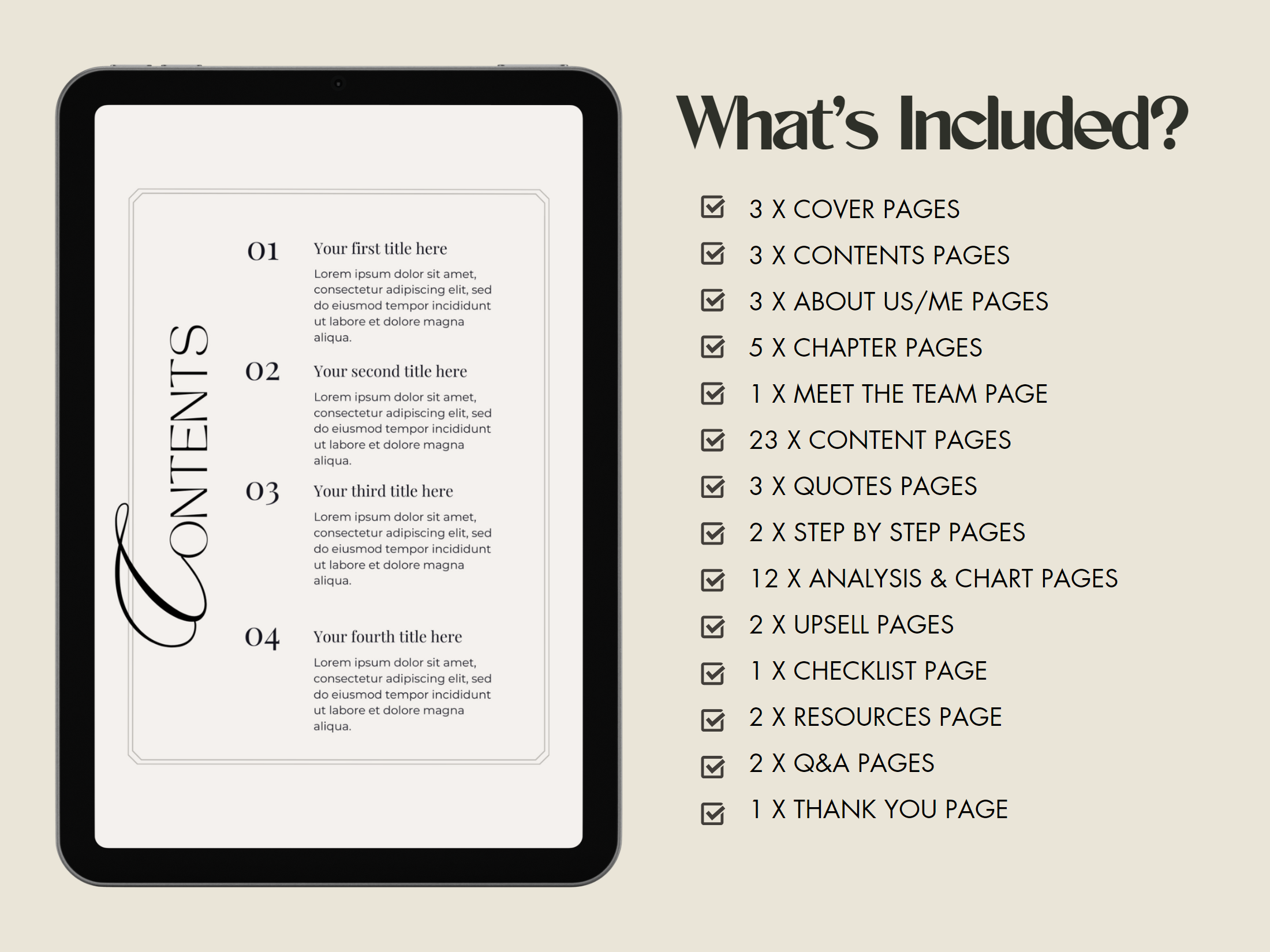 What’s included page for the Millie Bold & Luxury Design eBook & Workbook, detailing the various sections and types of content.