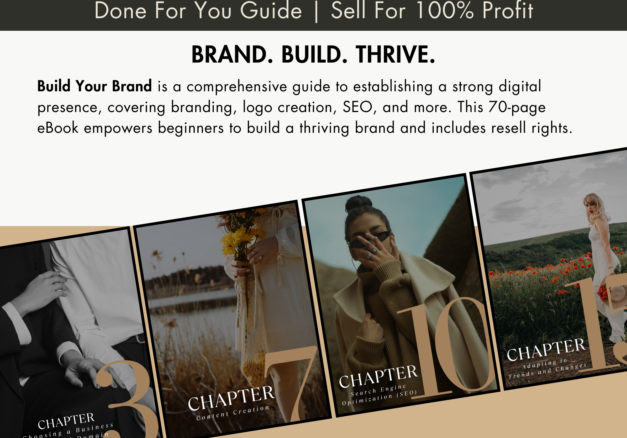Features and highlights of the Build Your Brand EBook, covering essential topics for establishing a brand, with a focus on practical, actionable advice.