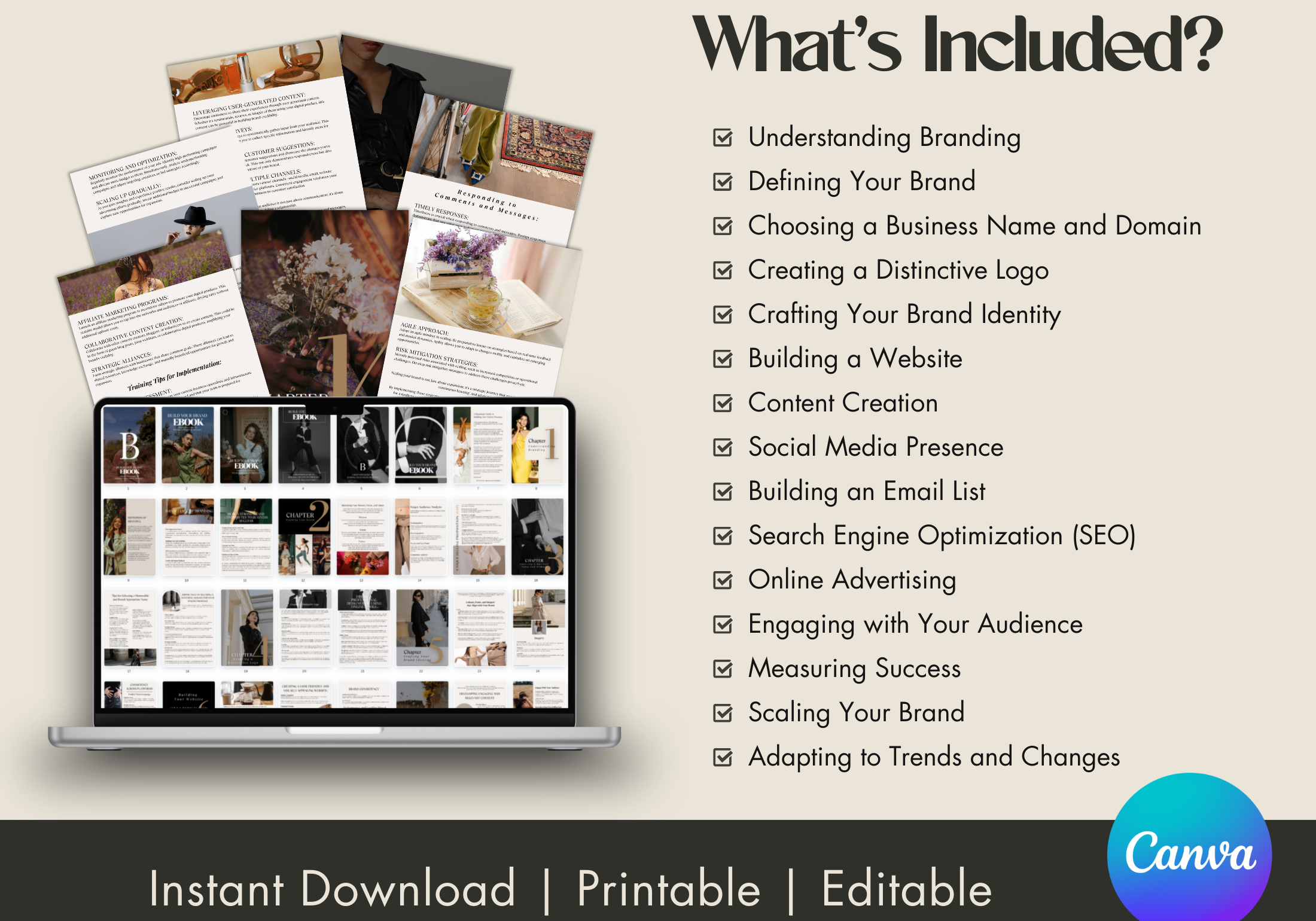Key sections of the Build Your Brand EBook, including branding, content creation, and SEO strategies for building a successful online brand.