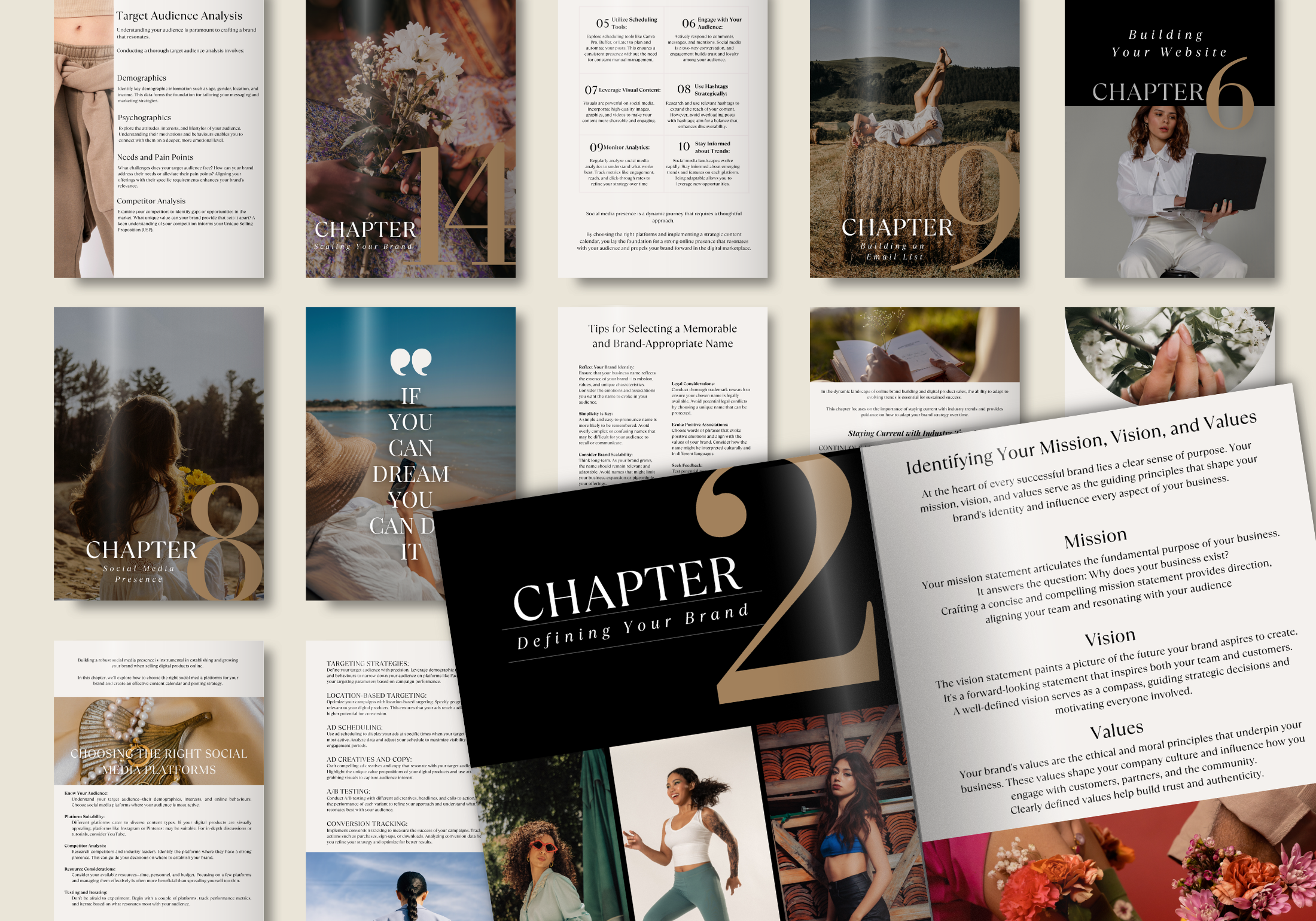 Interior pages of the Build Your Brand EBook, highlighting detailed chapters on brand strategy, logo creation, social media presence, and more.