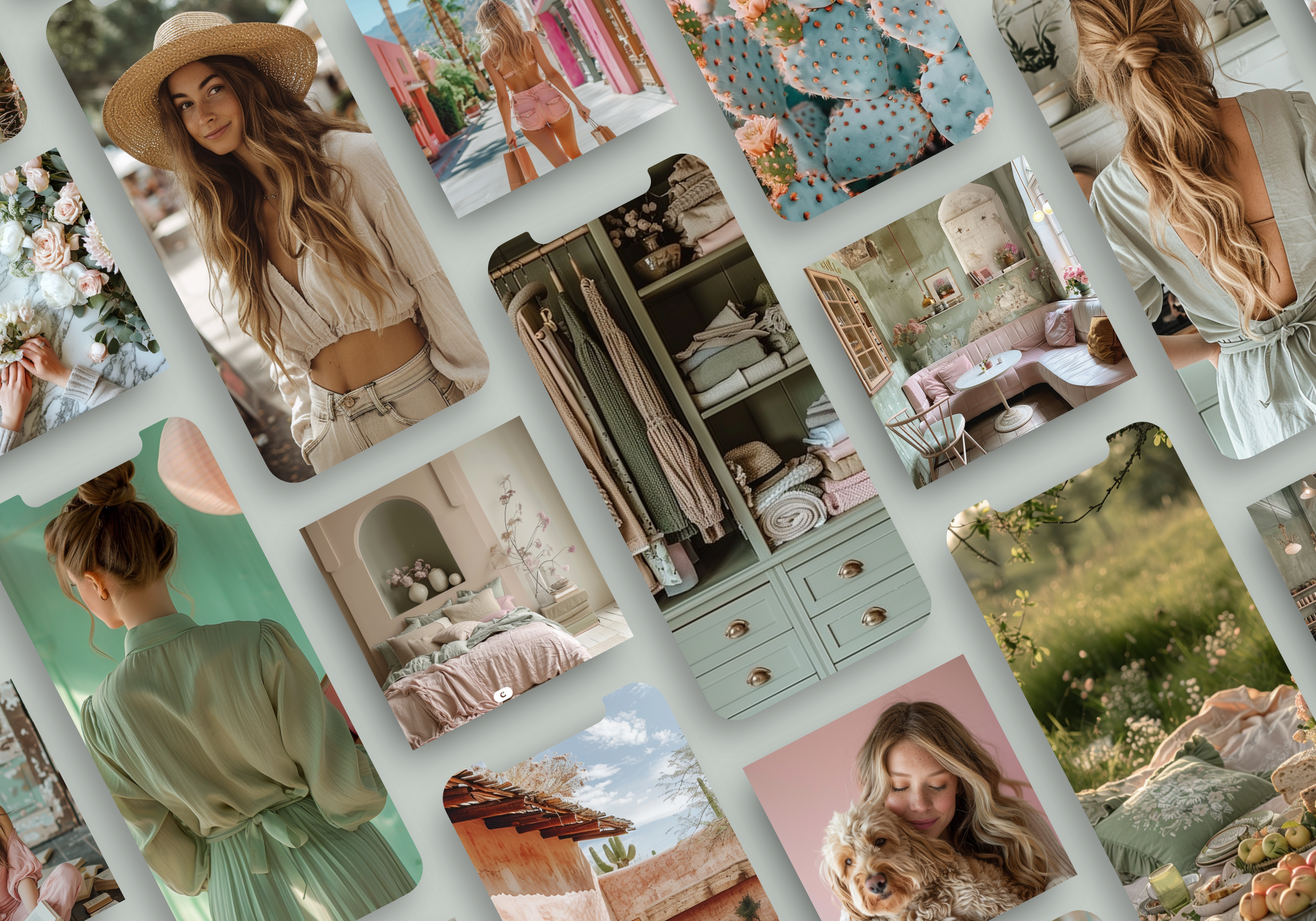 Instagram story and post templates with pastel tones, featuring desert scenery, cozy interiors, and stylish fashion shots.