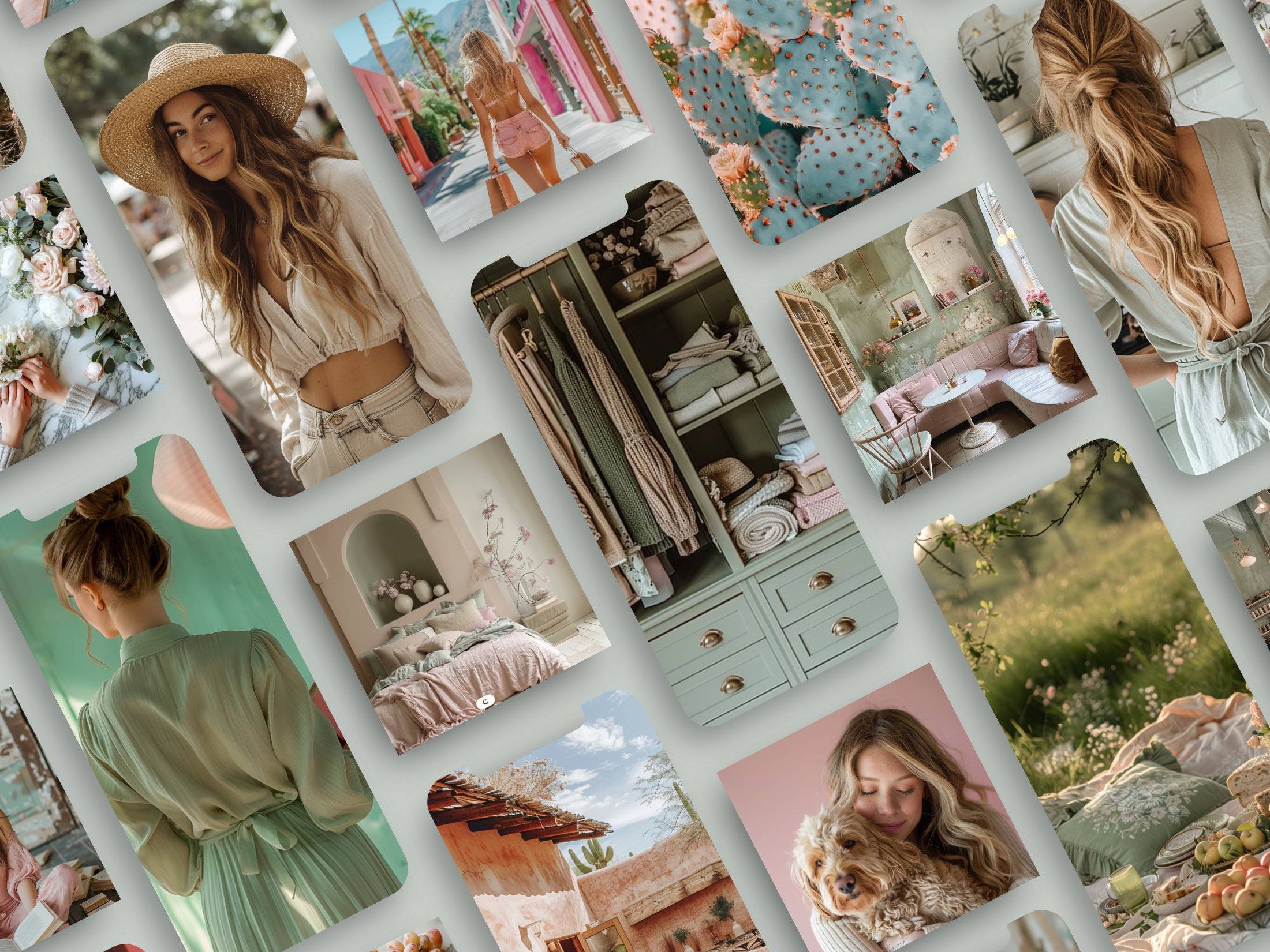 Instagram story and post templates with pastel tones, featuring desert scenery, cozy interiors, and stylish fashion shots.