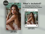 What's included - 150 Instagram Square Posts and 150 matching Instagram Story Templates featuring a woman with long, wavy hair in a pastel setting