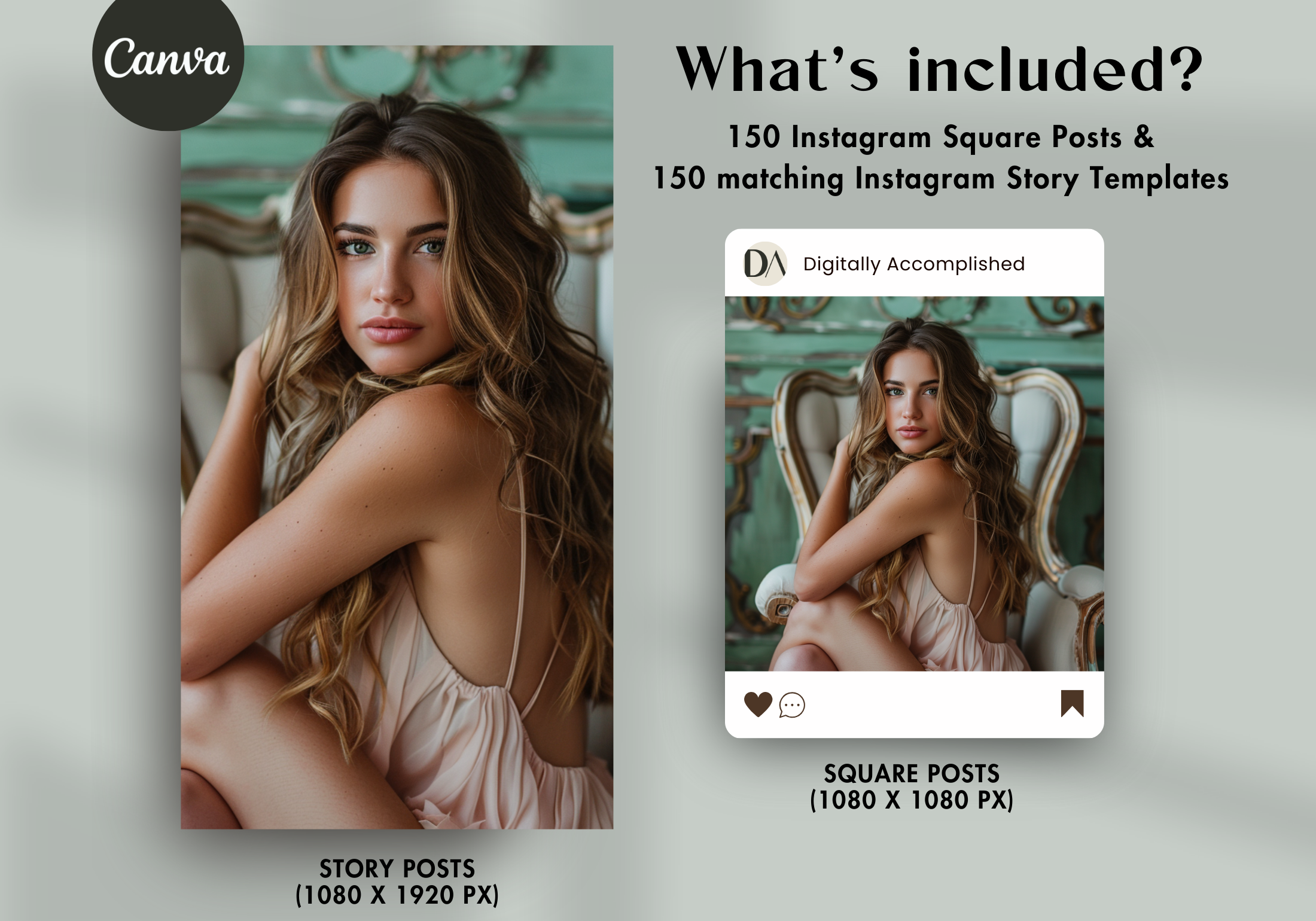 What's included - 150 Instagram Square Posts and 150 matching Instagram Story Templates featuring a woman with long, wavy hair in a pastel setting