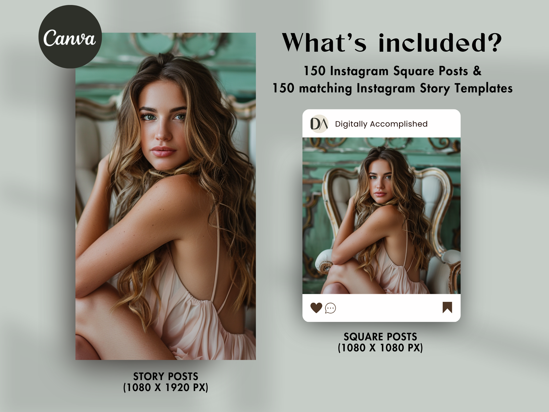 What's included - 150 Instagram Square Posts and 150 matching Instagram Story Templates featuring a woman with long, wavy hair in a pastel setting