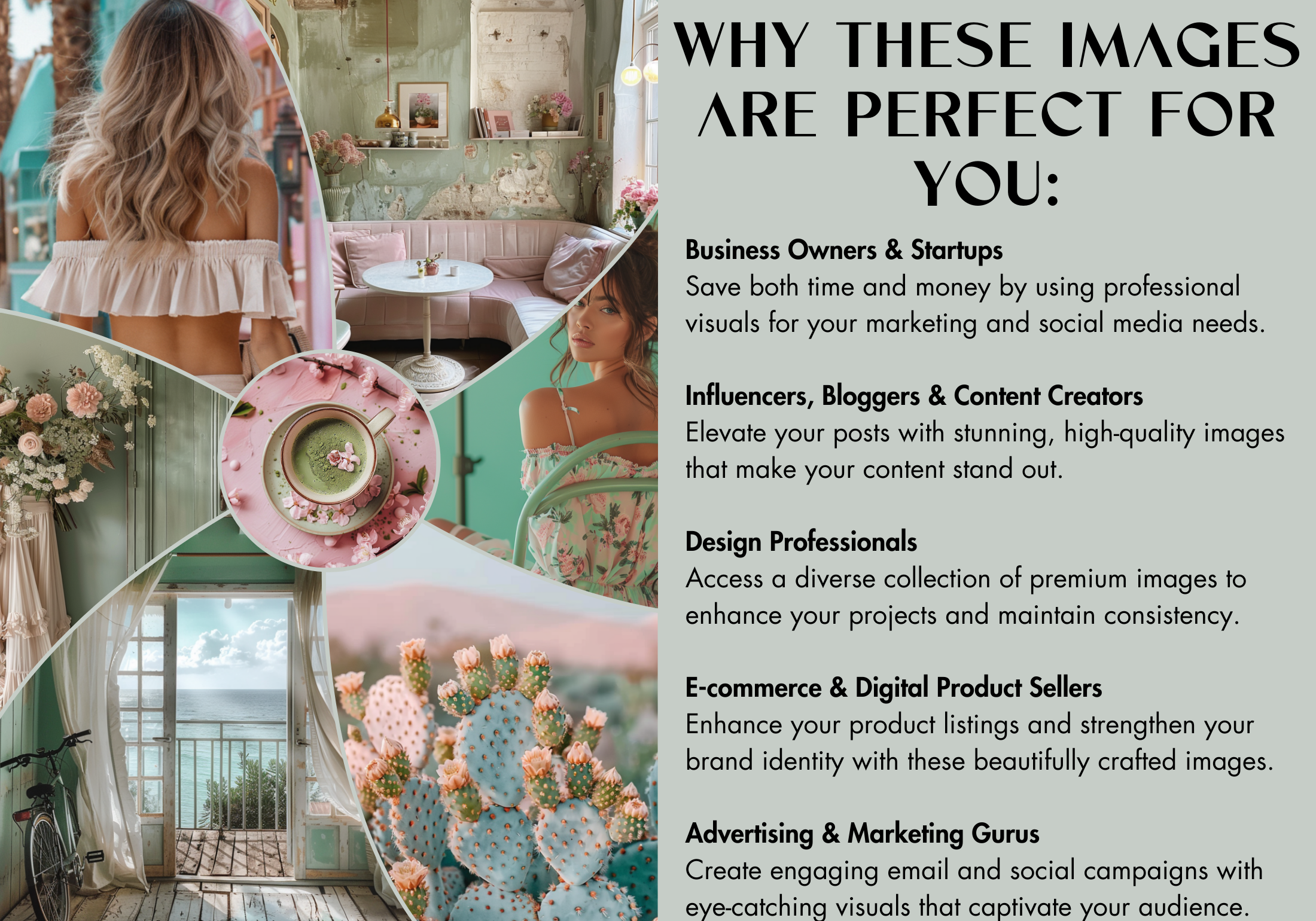 Why These Images Are Perfect For You - Showcasing uses for business owners, influencers, design professionals, e-commerce sellers, and marketers with pastel-themed visuals.