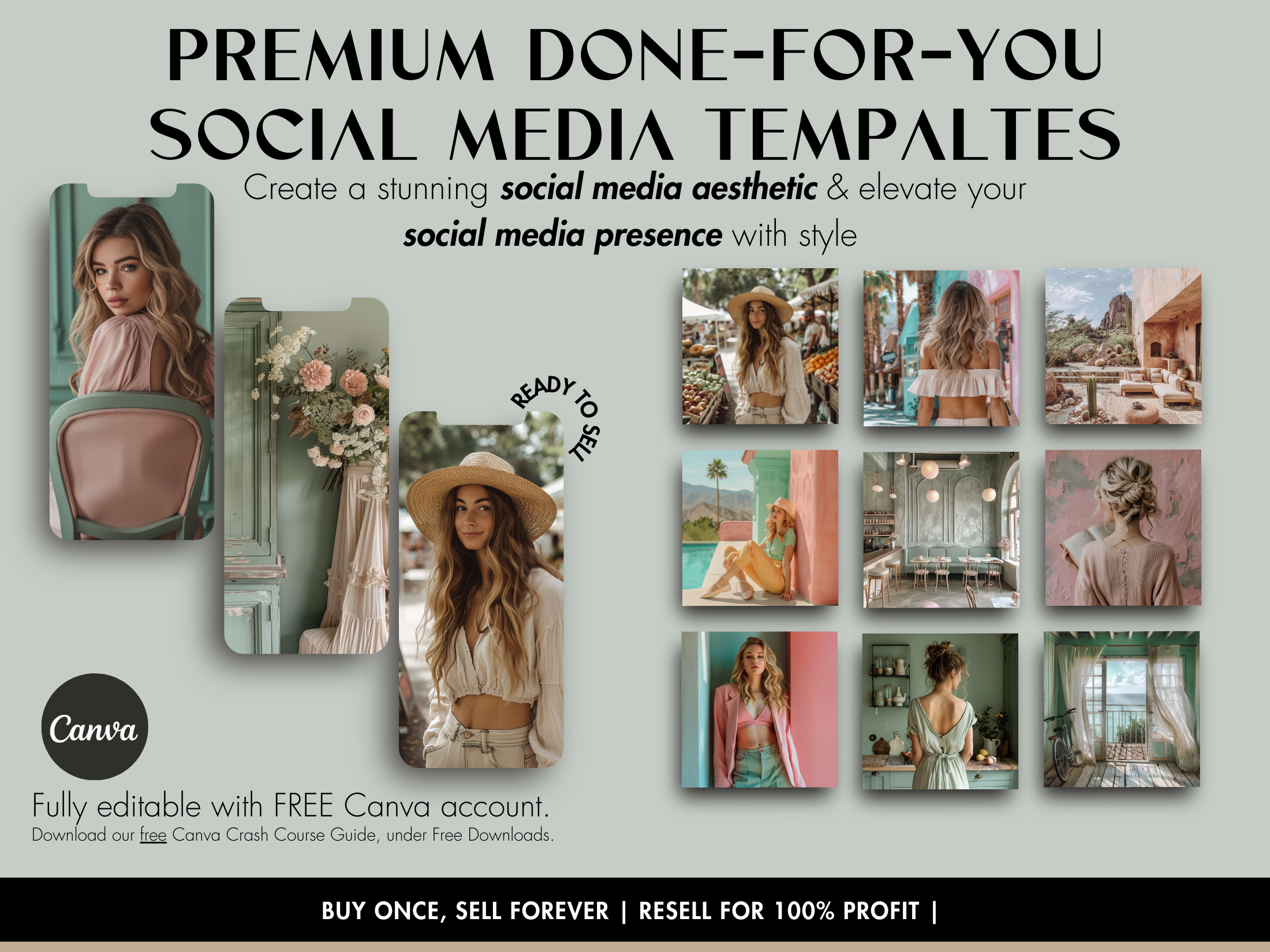 Premium Done-For-You Social Media Templates - Aesthetic pastel templates for social media featuring desert vibes and fashion elements.