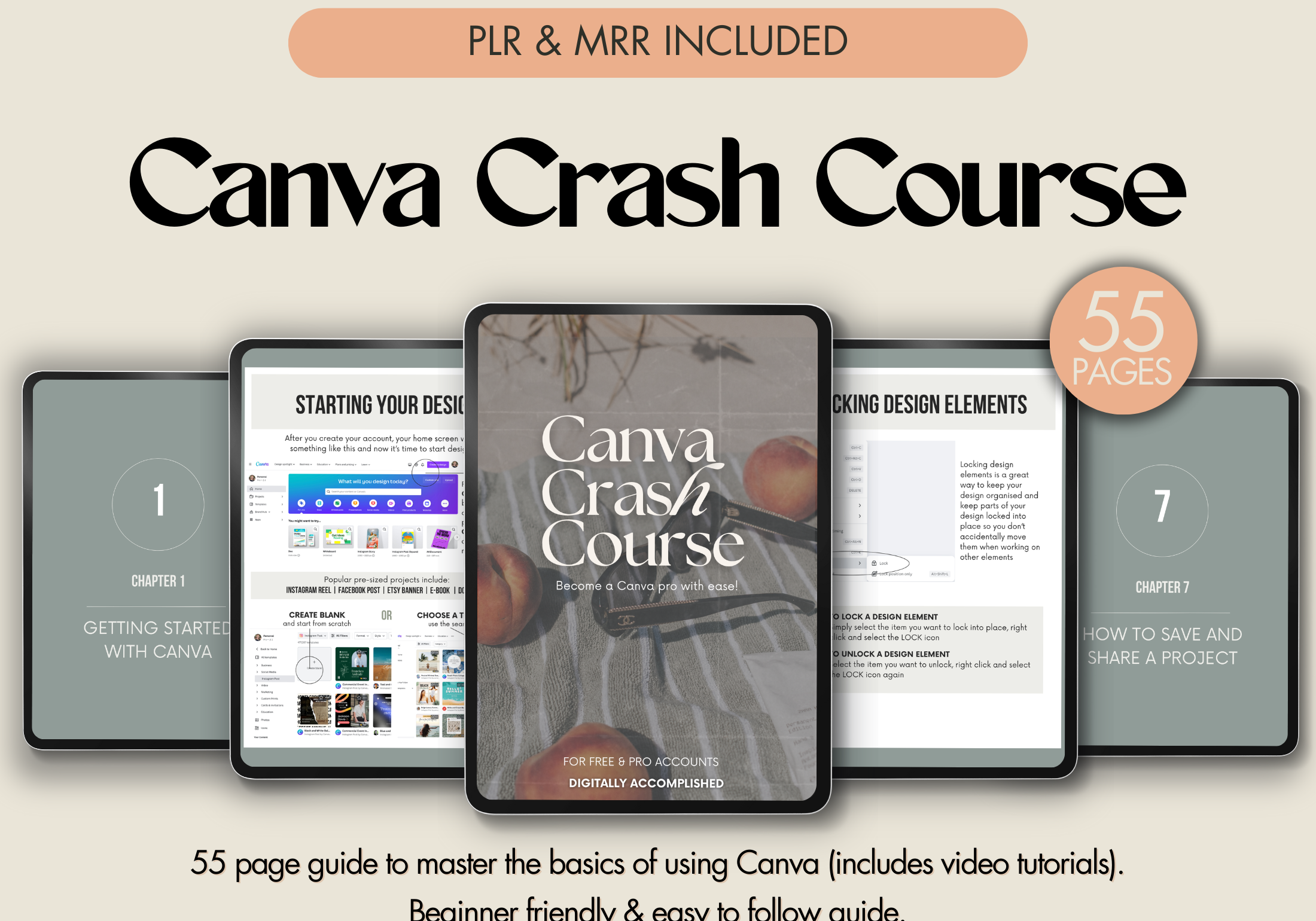 Canva Crash Course Cover Page - A 55-page guide to mastering Canva for beginners with PLR and MRR included