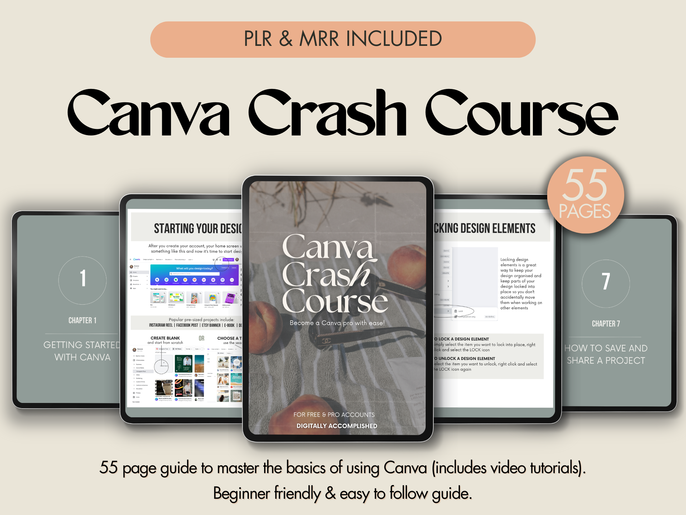 Canva Crash Course Cover Page - A 55-page guide to mastering Canva for beginners with PLR and MRR included