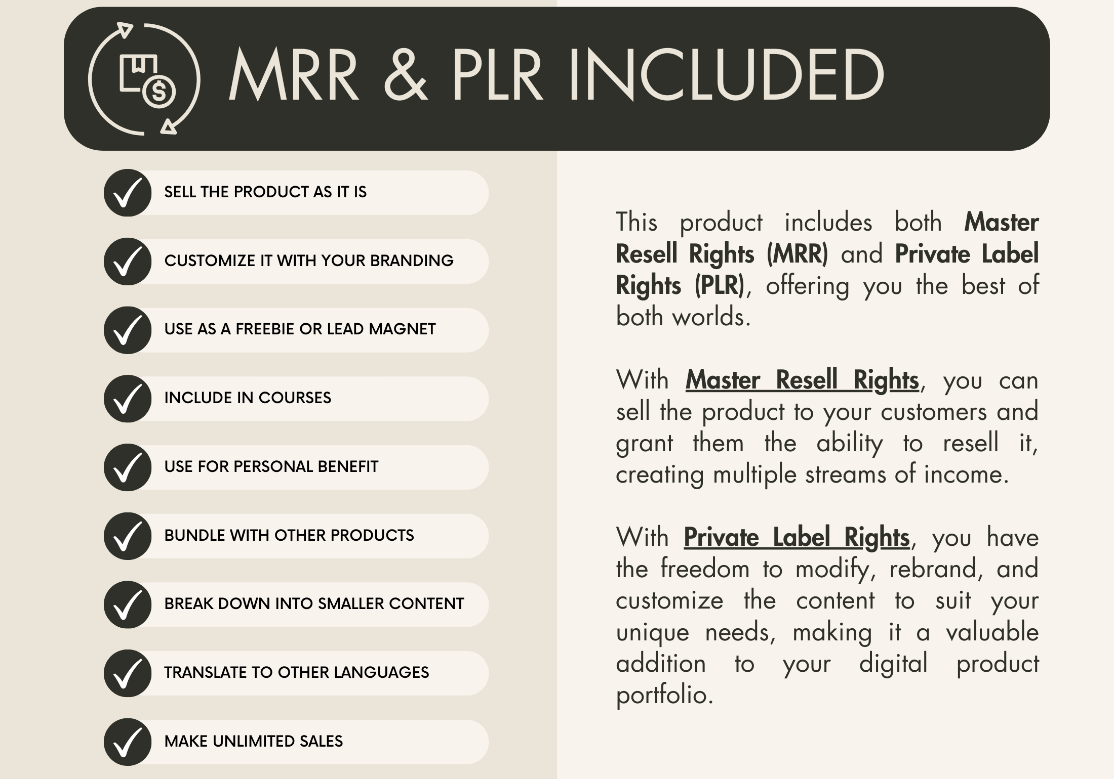 Details on Master Resell Rights (MRR) and Private Label Rights (PLR) for Canva Crash Course, allowing customization, reselling, and personal use