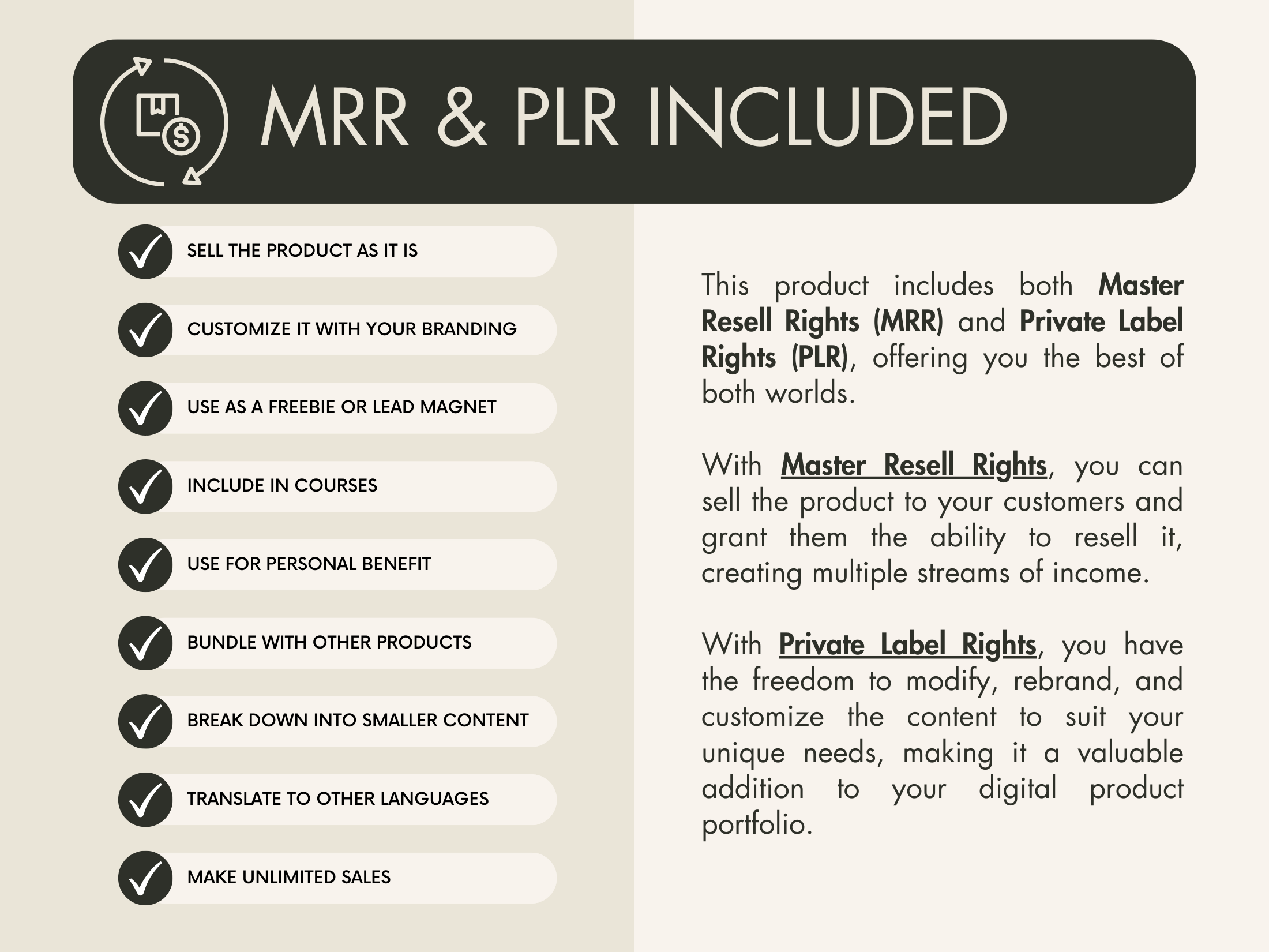 Details on Master Resell Rights (MRR) and Private Label Rights (PLR) for Canva Crash Course, allowing customization, reselling, and personal use