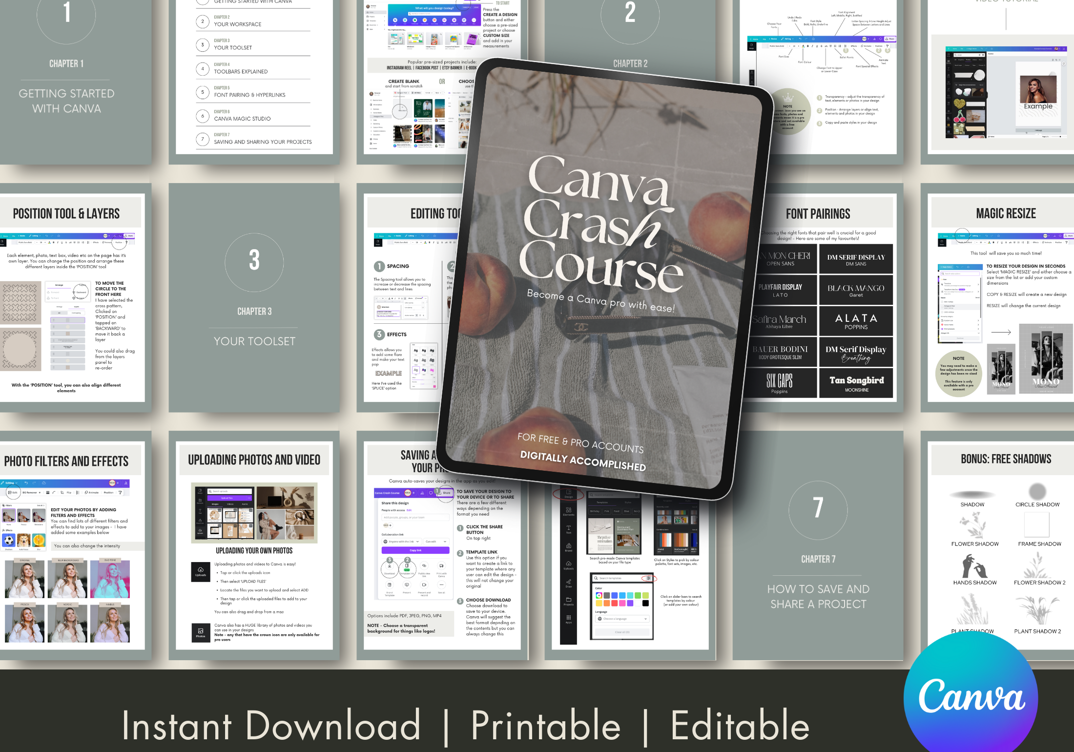 Overview of Canva Crash Course pages showing content layout and topics covered, perfect for beginners and advanced users