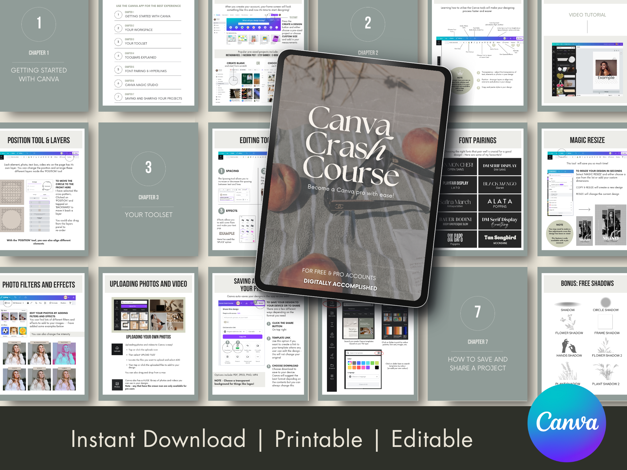 Overview of Canva Crash Course pages showing content layout and topics covered, perfect for beginners and advanced users