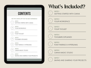 Table of Contents for Canva Crash Course - Chapters include getting started, workspace, toolset, toolbars, font pairing, Canva Magic Studio, and project sharing.